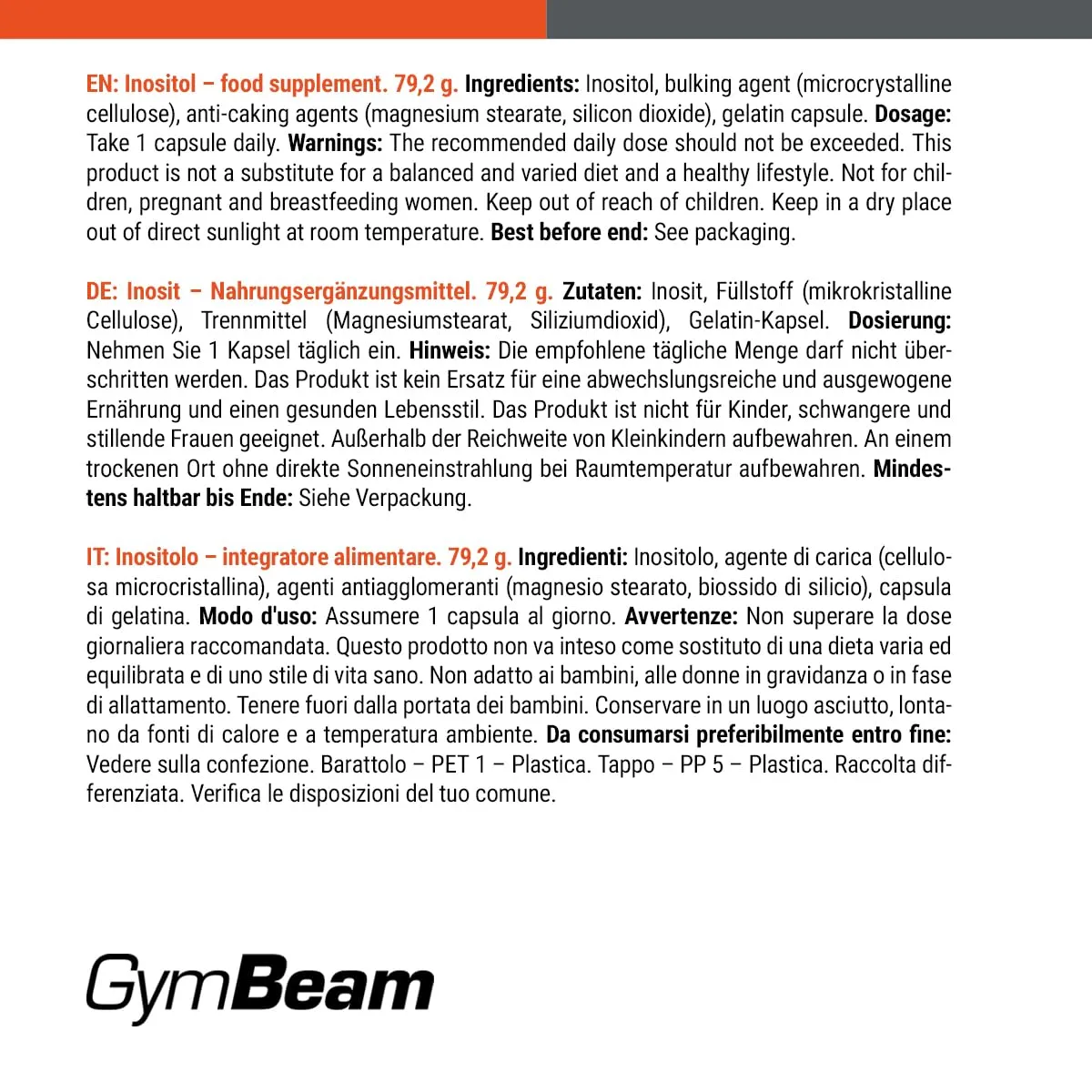 GymBeam Inositol Kapseln 120 Stk 500 mg Vitamin B8