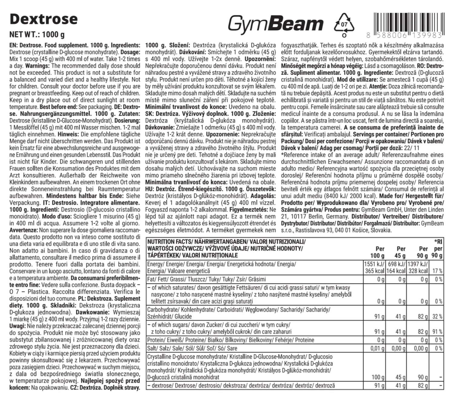 GymBeam Dextrose Pulver Traubenzucker 1000 g vegan