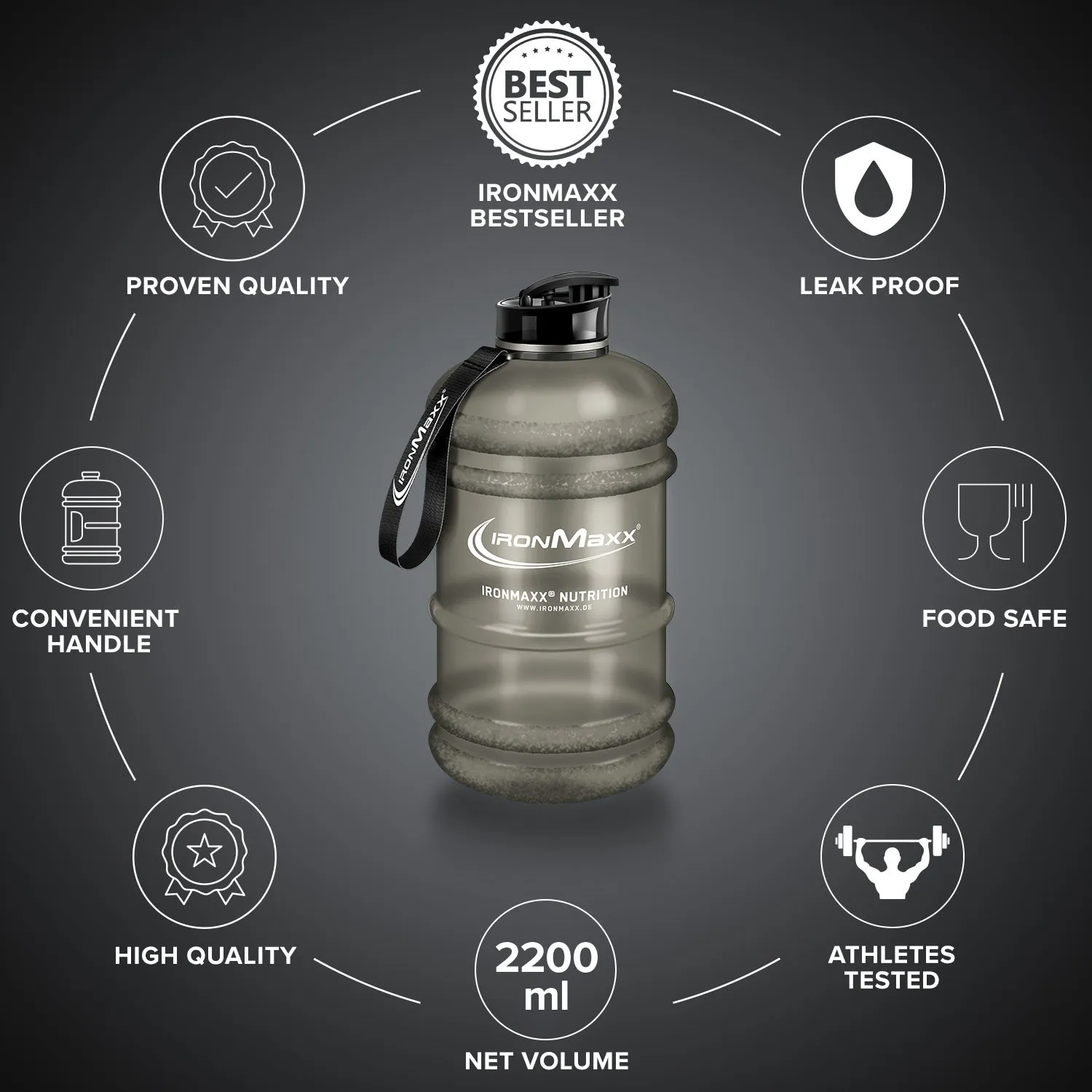 IronMaxx Water Gallon Trinkflasche 2200ml Matt Grau