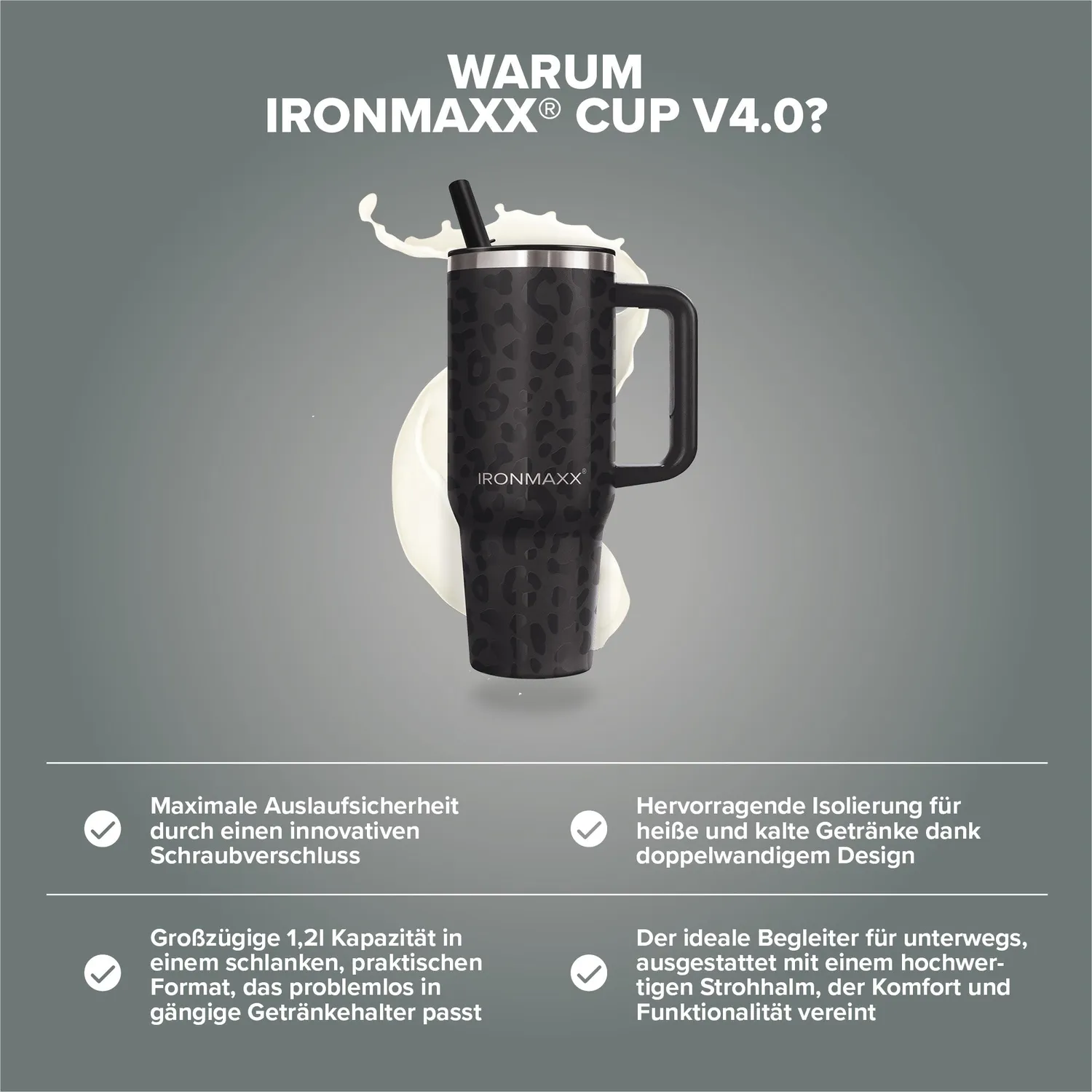 IronMaxx Cup V4.0 Trinkbecher 1200ml Leo Black isoliert