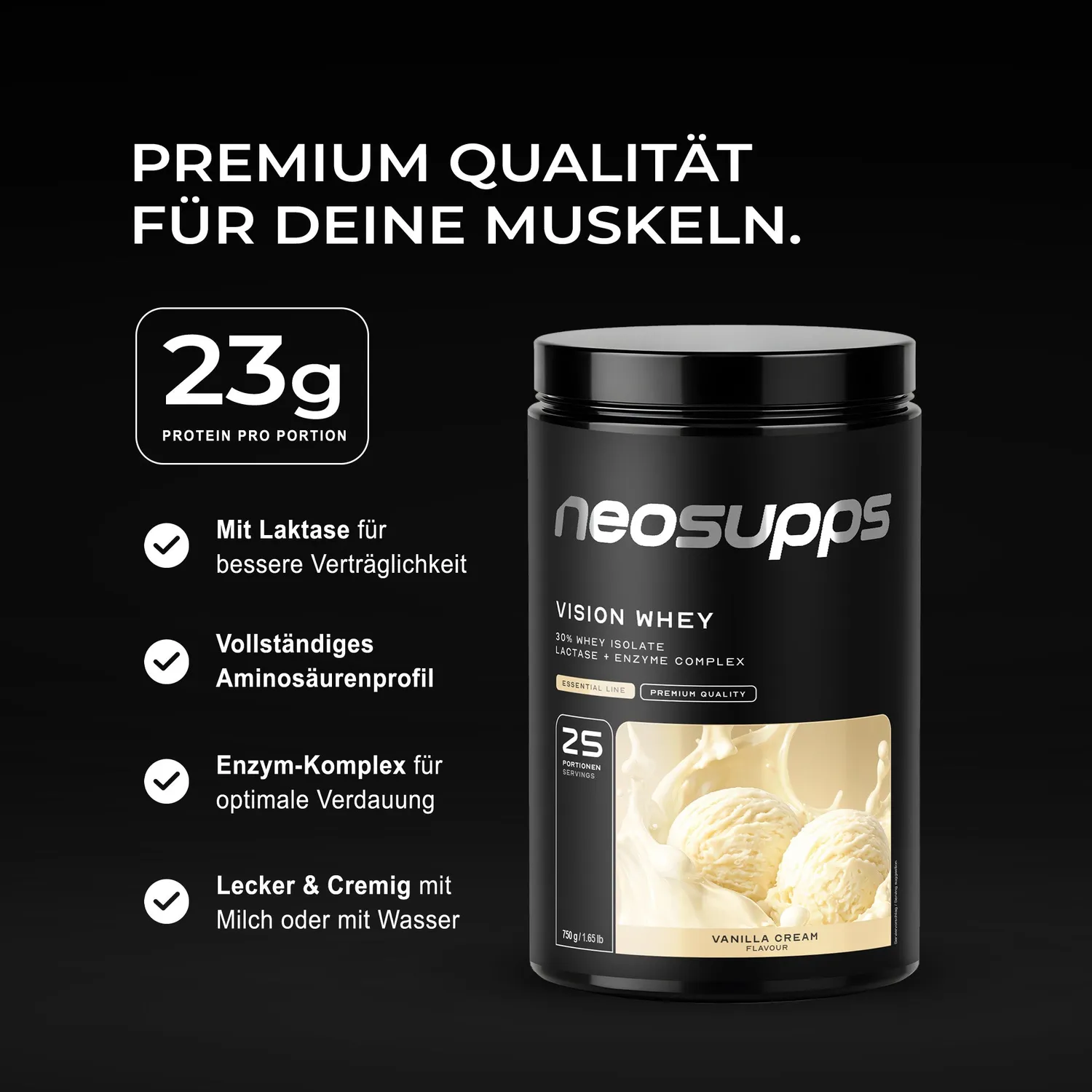 Neosupps Vision Whey Protein Vanilla Cream 750g mit Laktase