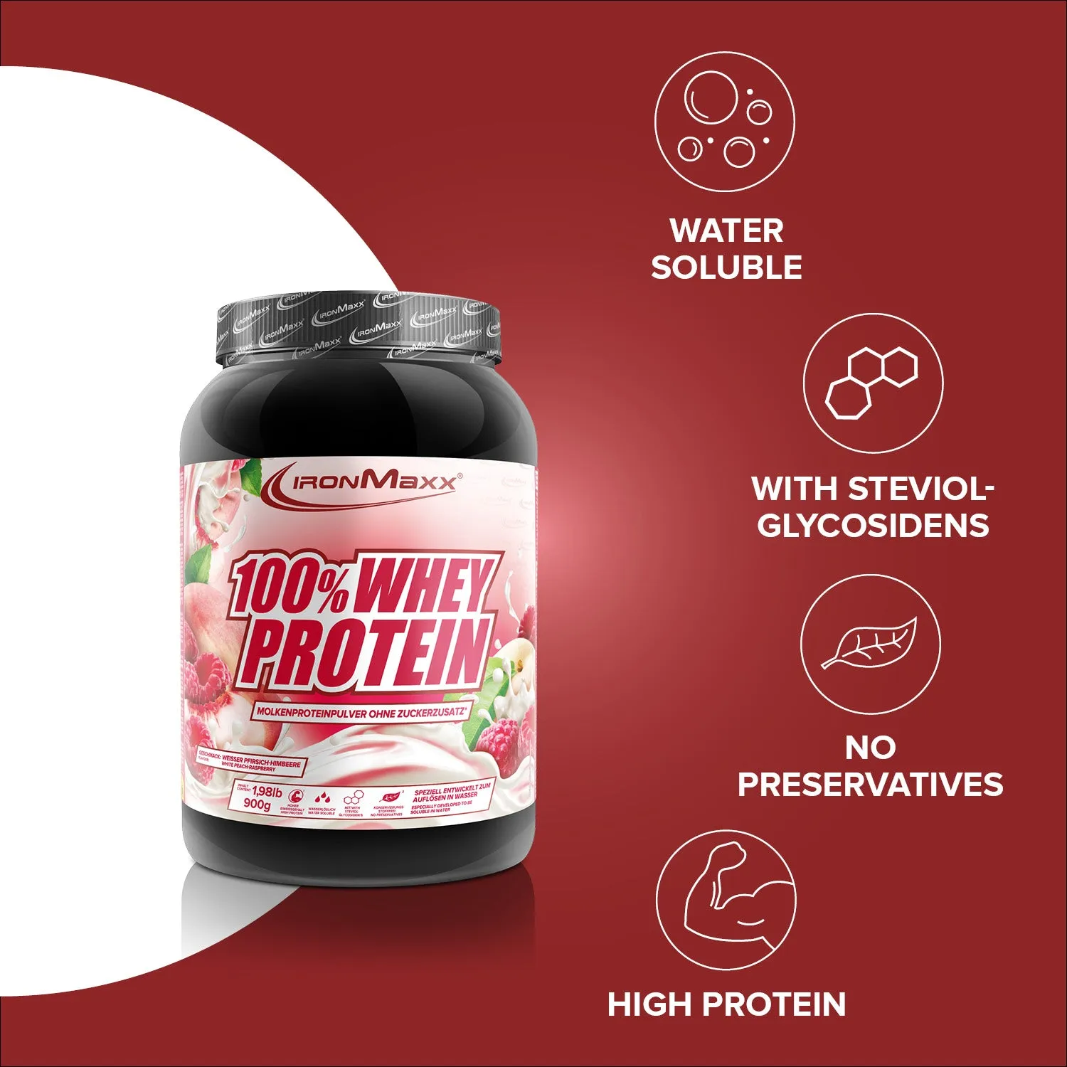 IronMaxx 100% Whey Protein 900g White Peach Raspberry fruchtig