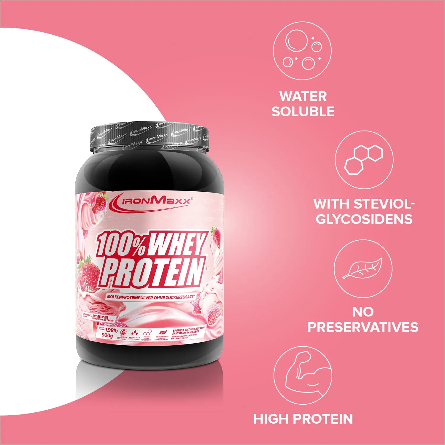 IronMaxx 100% Whey Proteinpulver Strawberry Ice Cream 900g zuckerfrei