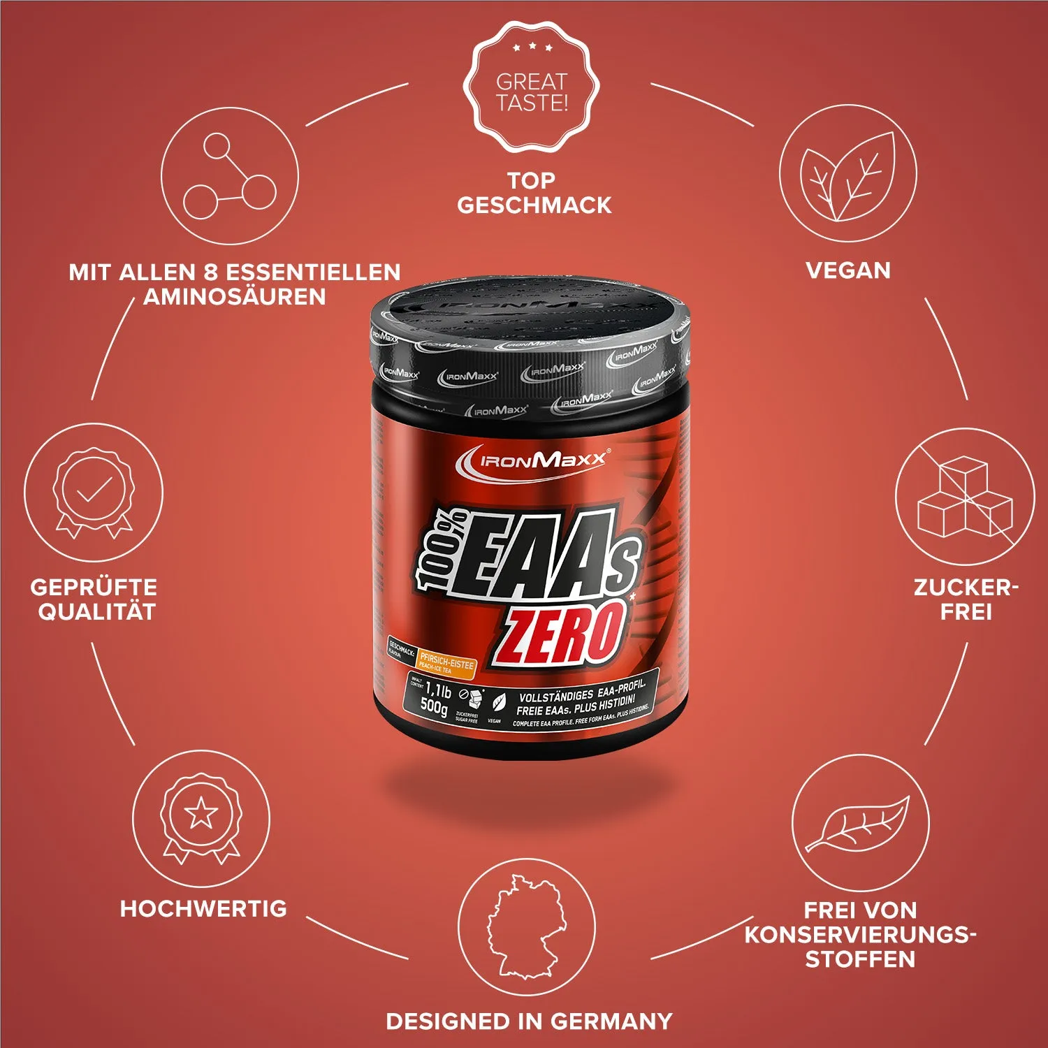 IronMaxx 100% EAAs Zero Peach Ice Tea 500g vegan