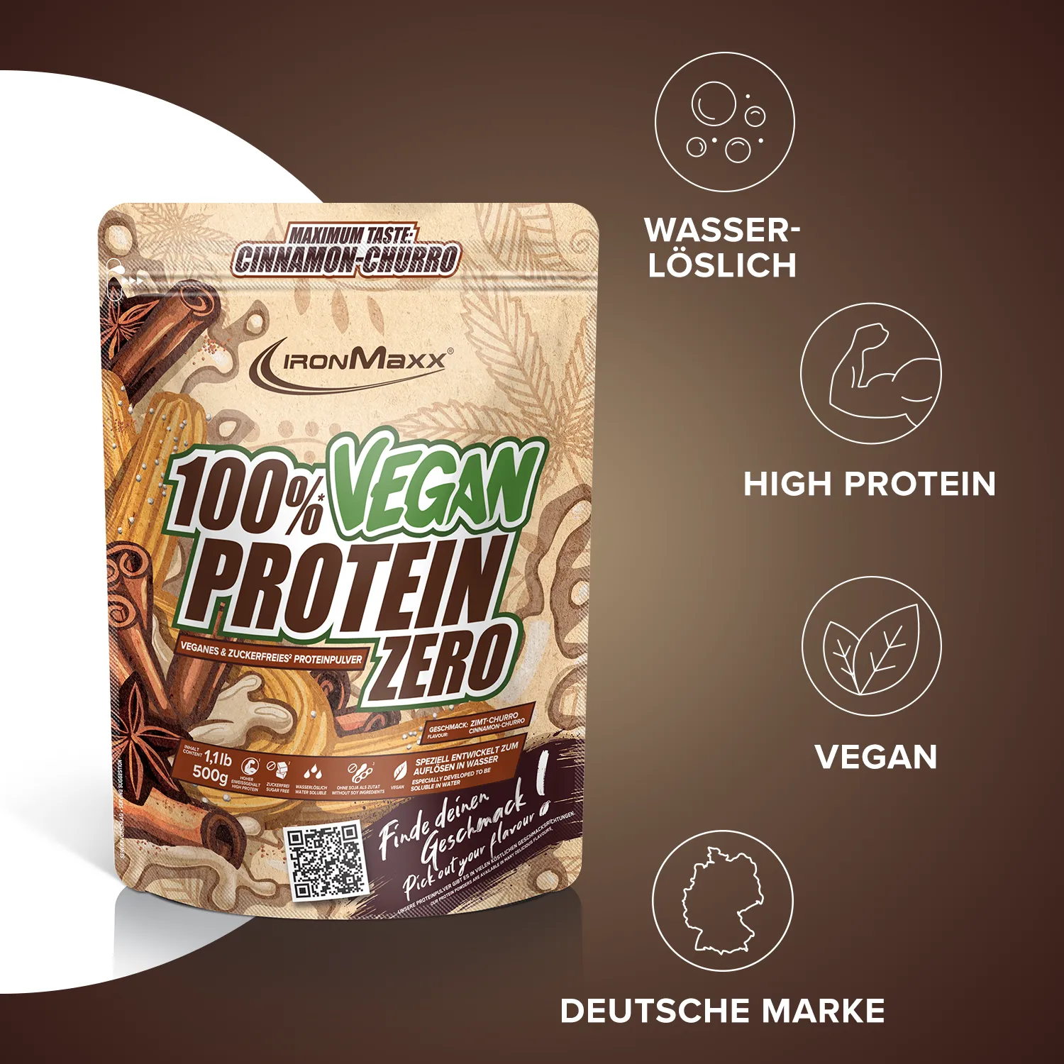 IronMaxx 100% Vegan Protein Zero Pulver 500g Cinnamon Churro