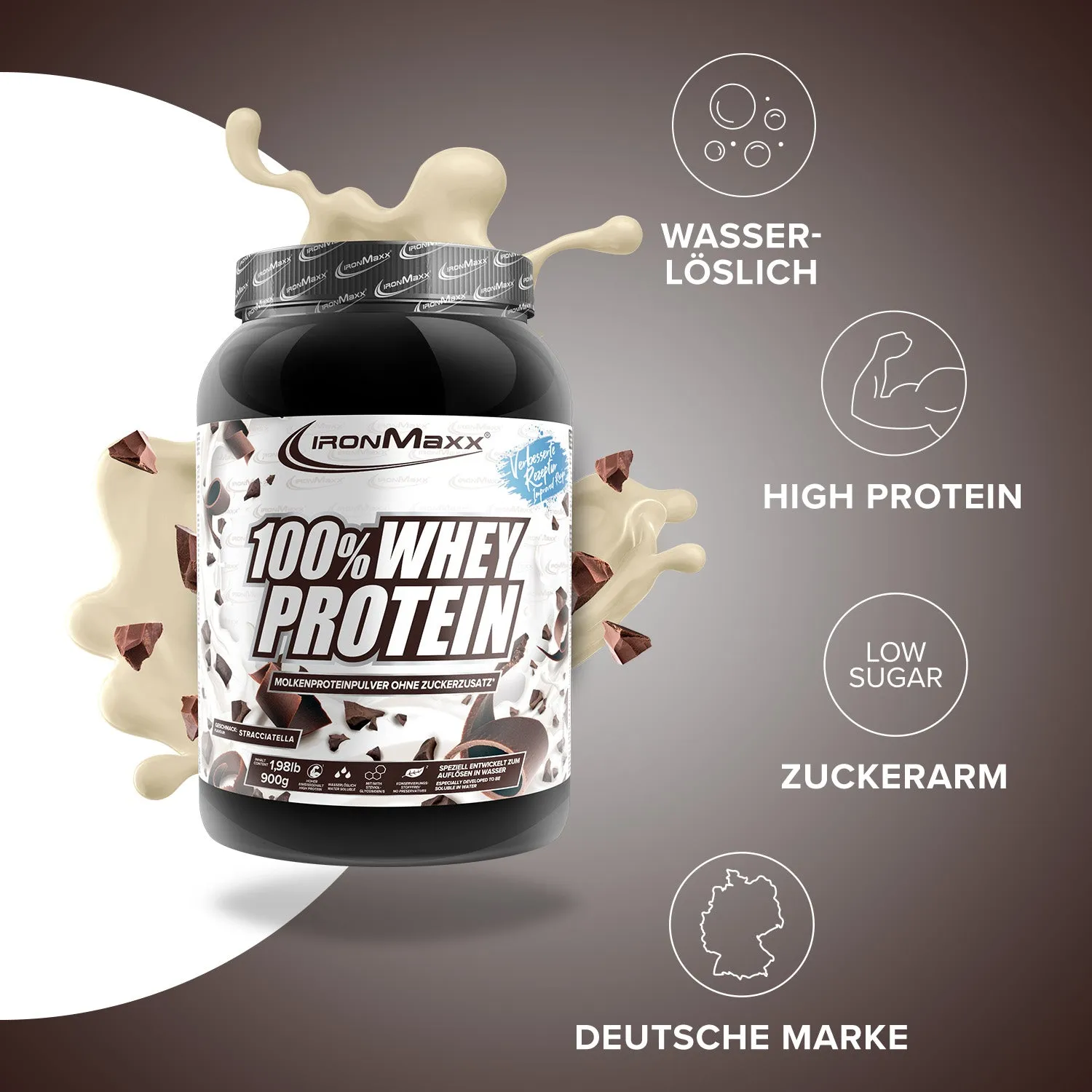 IronMaxx 100% Whey Protein Pulver 900g Stracciatella 80% Eiweiß