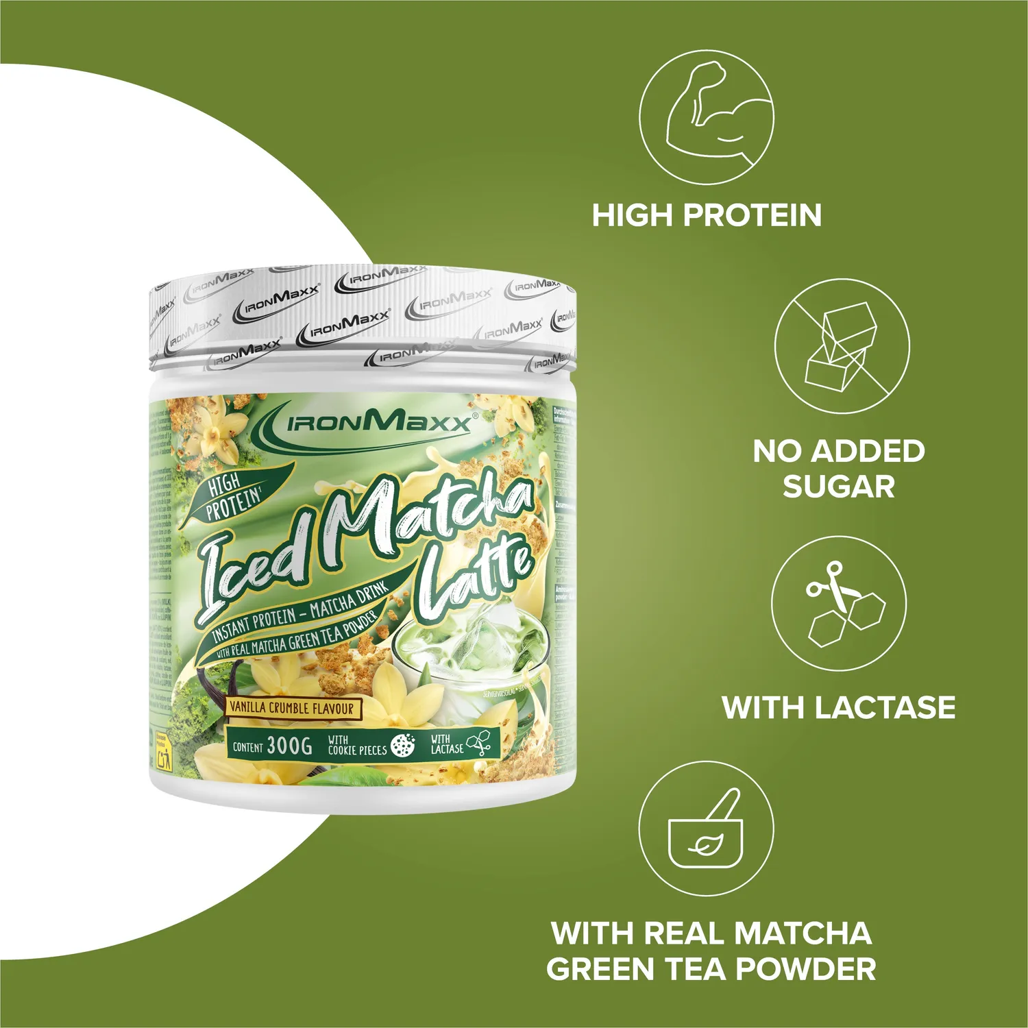 IronMaxx Iced Matcha Latte Proteinpulver Vanille 300g zuckerarm