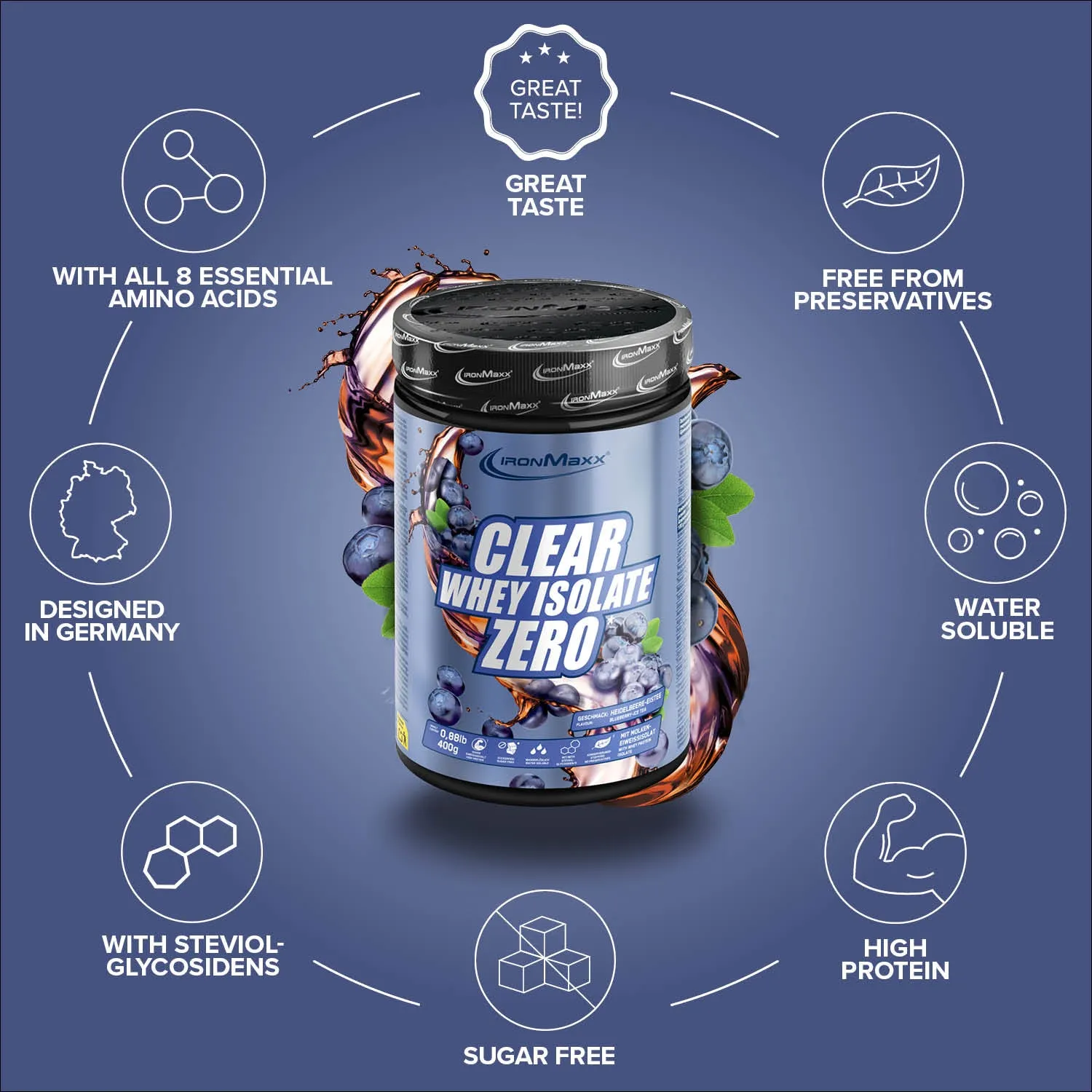 IronMaxx Clear Whey Isolate ZERO Proteinpulver Blueberry Ice Tea 400g zuckerfrei