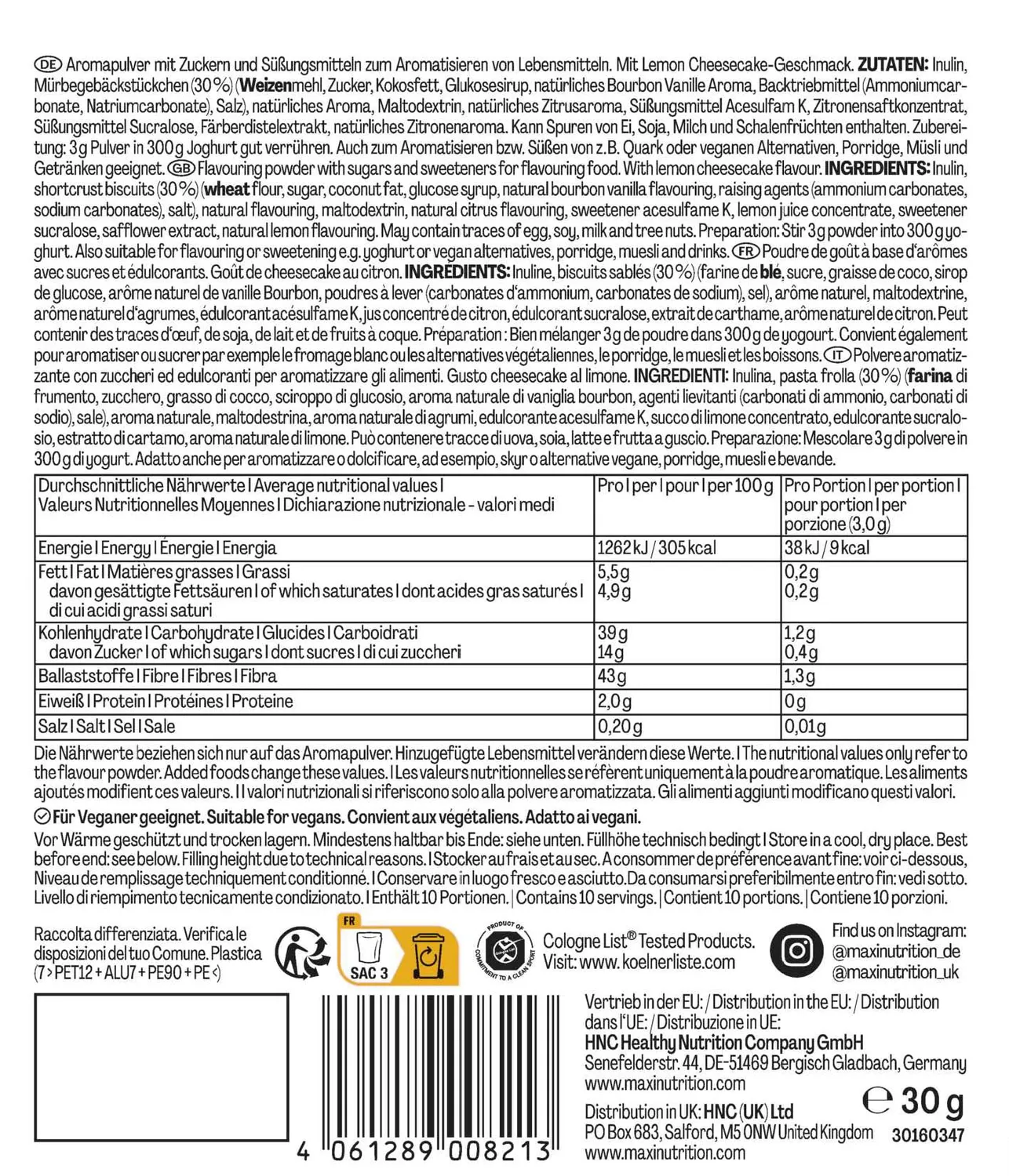 MaxiNutrition MaxFlavour Lemon Cheesecake Pulver 12x30g