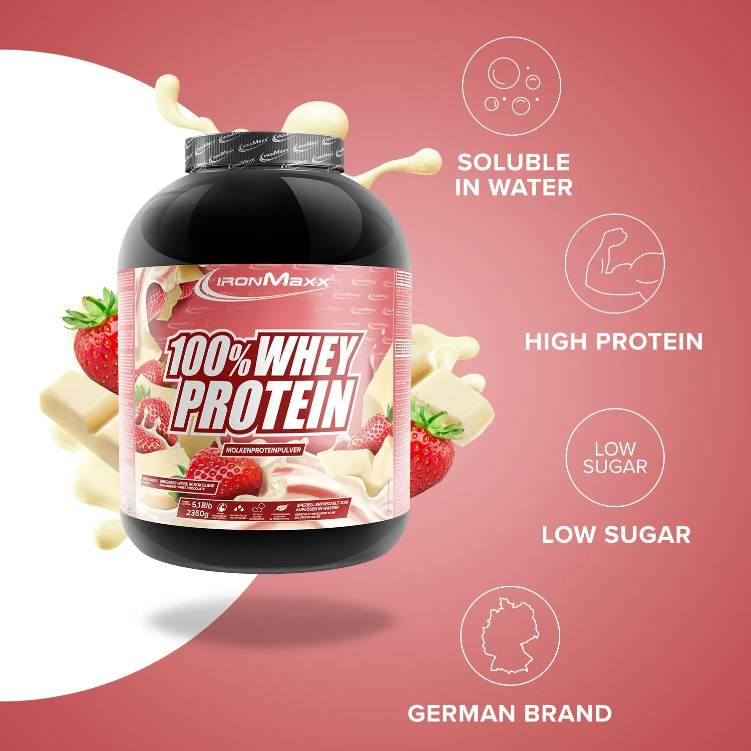 IronMaxx 100% Whey Proteinpulver 2350g Weisse Schoko-Erdbeere zuckerfrei