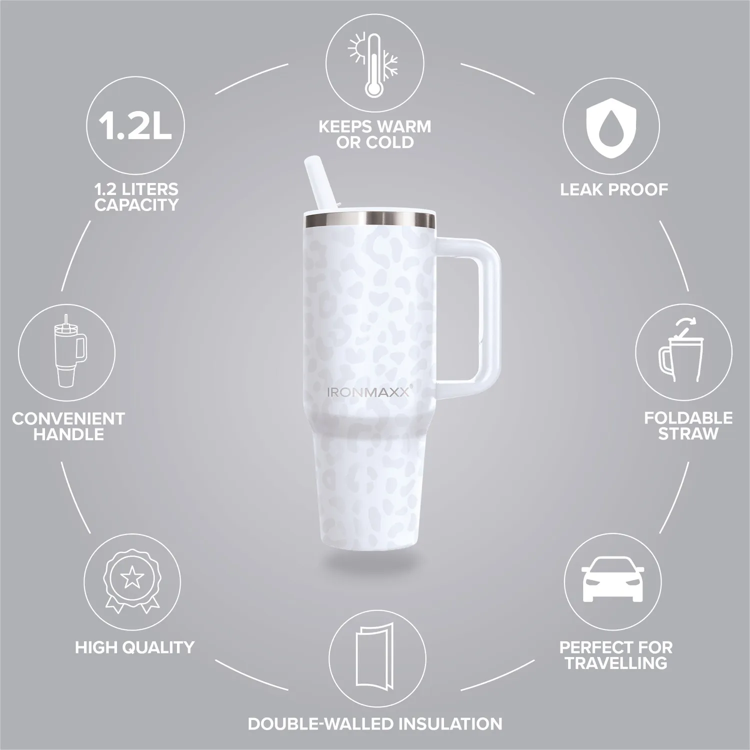 IronMaxx Cup V4.0 Trinkbecher 1200ml Leo-Style White Edelstahl