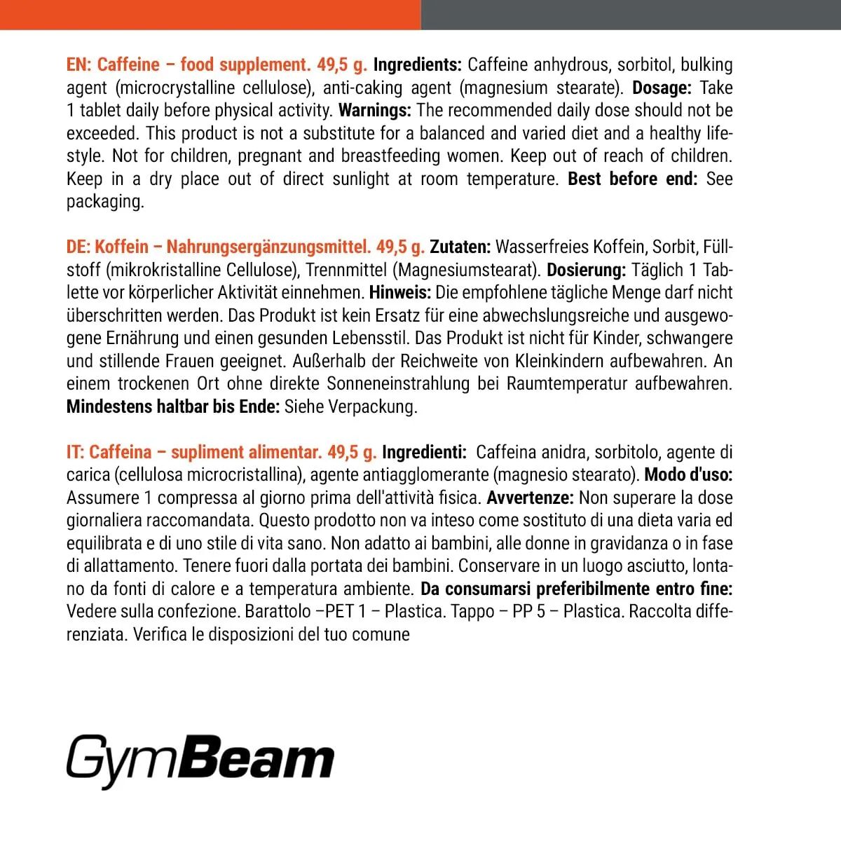 GymBeam Koffein Tabletten 90 Stück hochdosiert