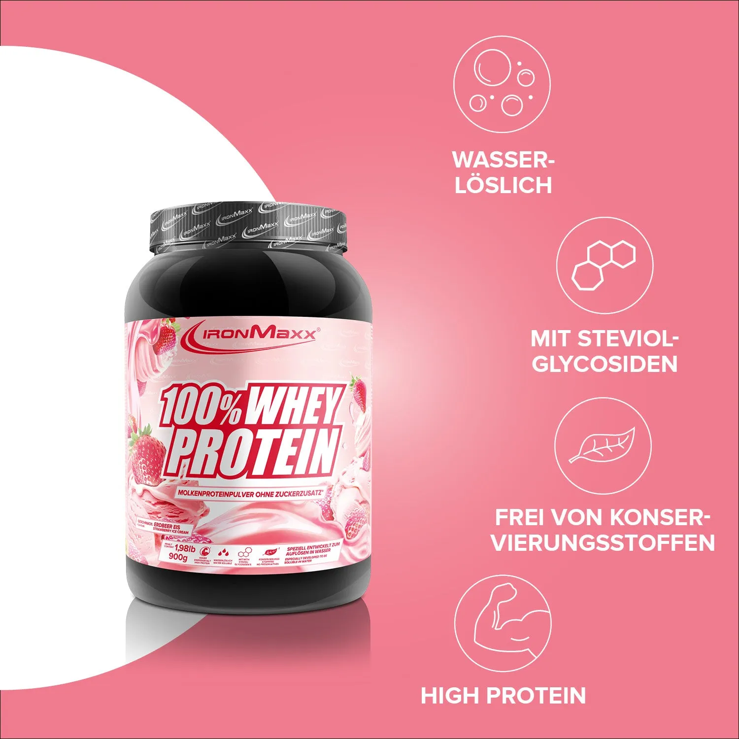 IronMaxx 100% Whey Proteinpulver Strawberry Ice Cream 900g zuckerfrei
