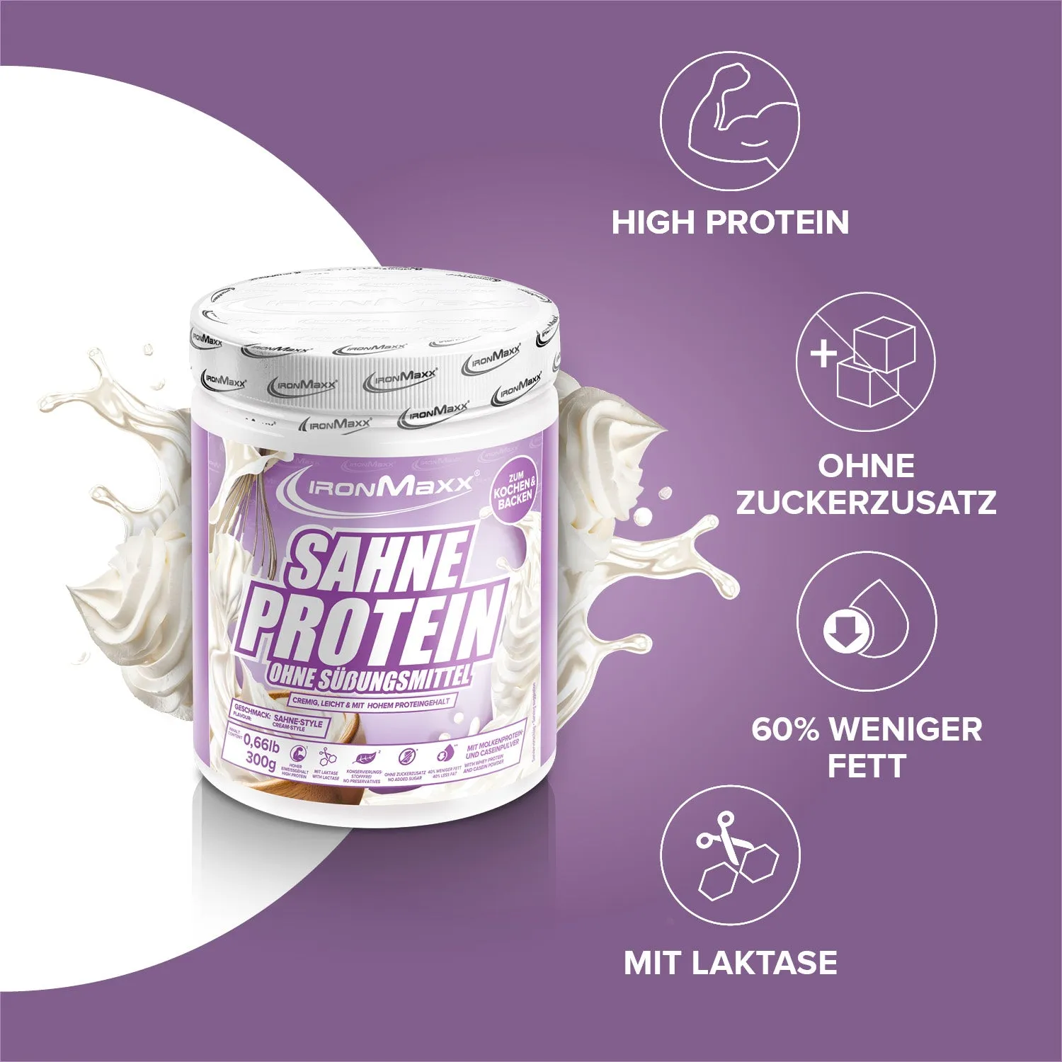 IronMaxx Sahne Protein Pulver Sahne 300g 76% Protein