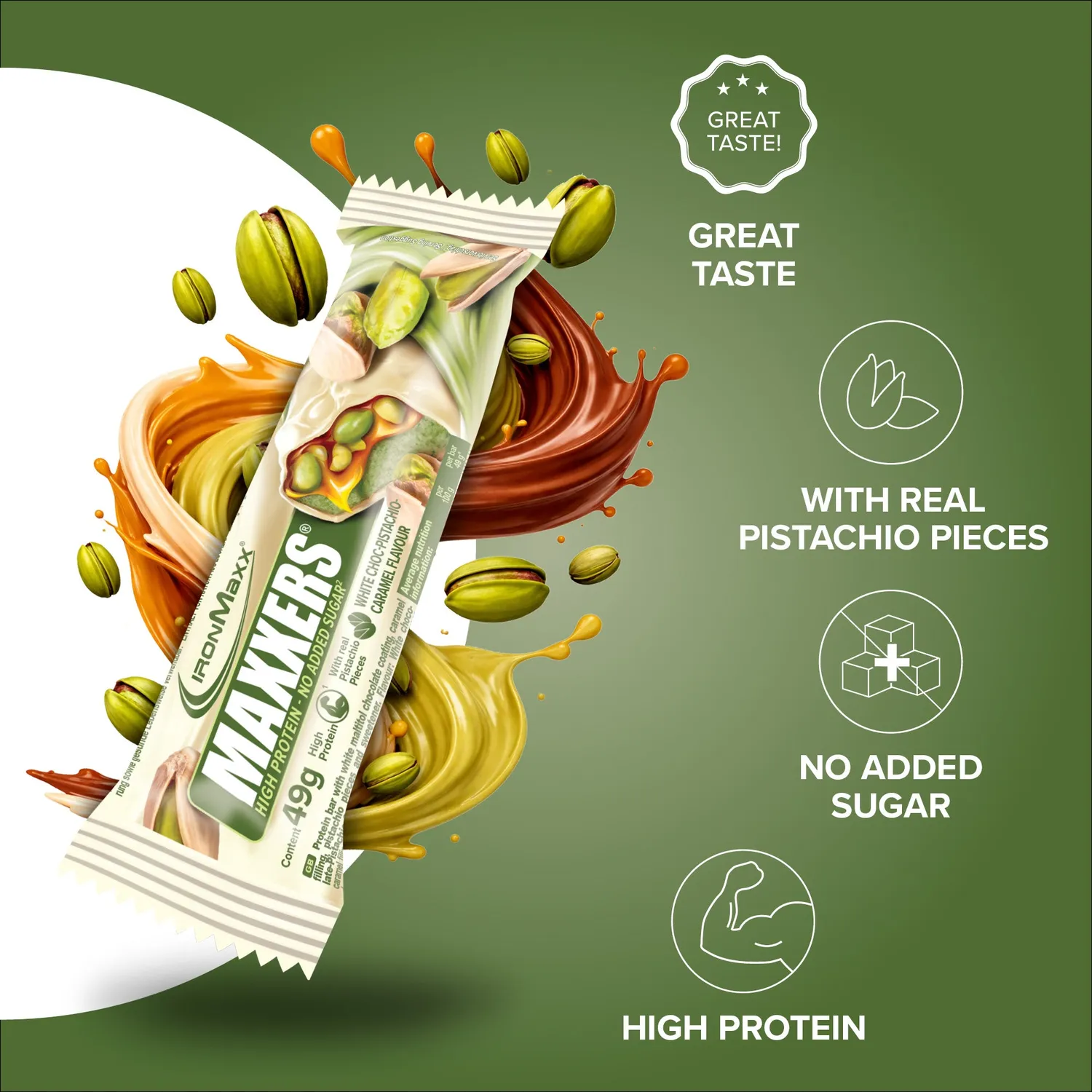IronMaxx Maxxers Proteinriegel White Choc Pistachio Caramel 24x49g