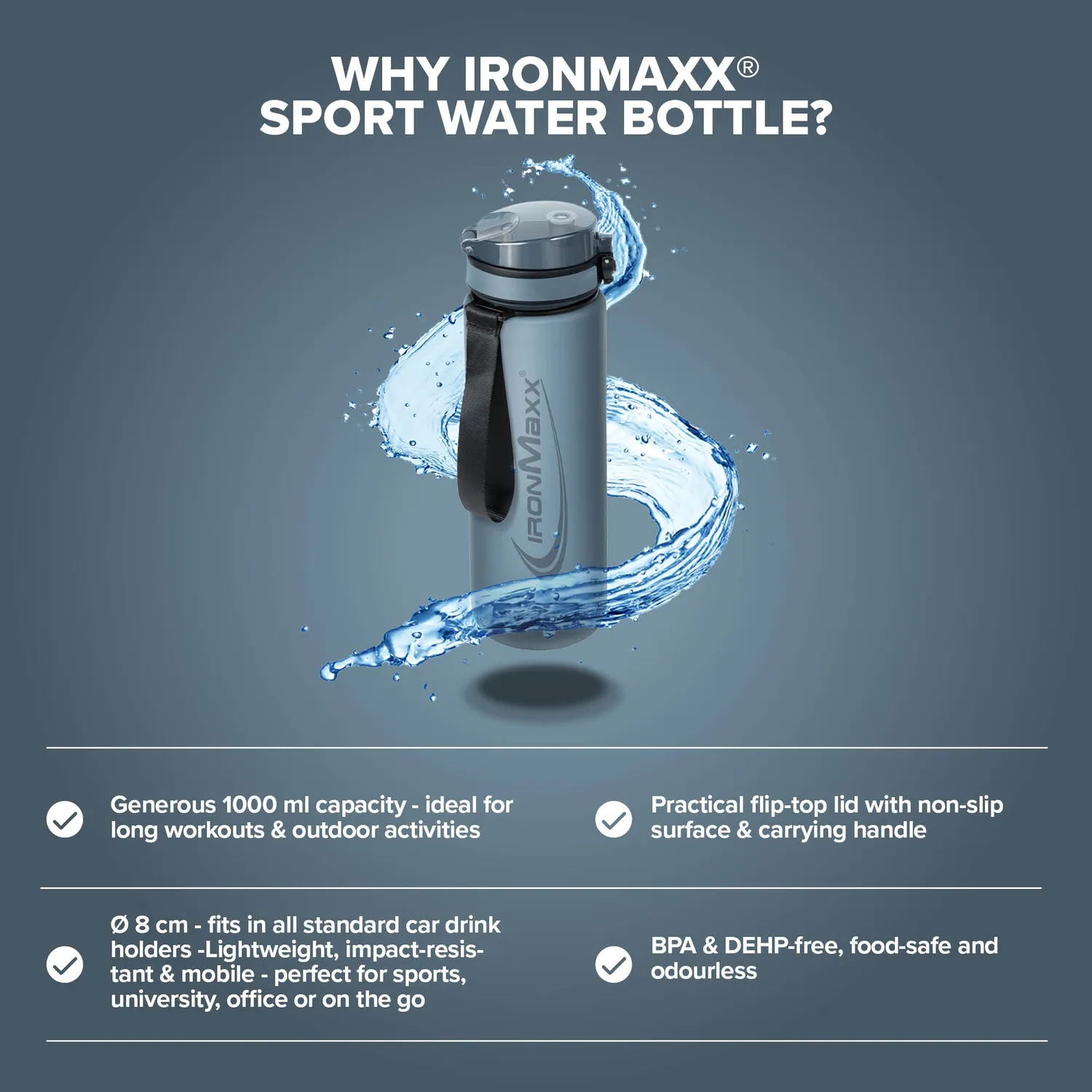 IronMaxx Sport Water Bottle Trinkflasche 1000ml Kyanite Blue