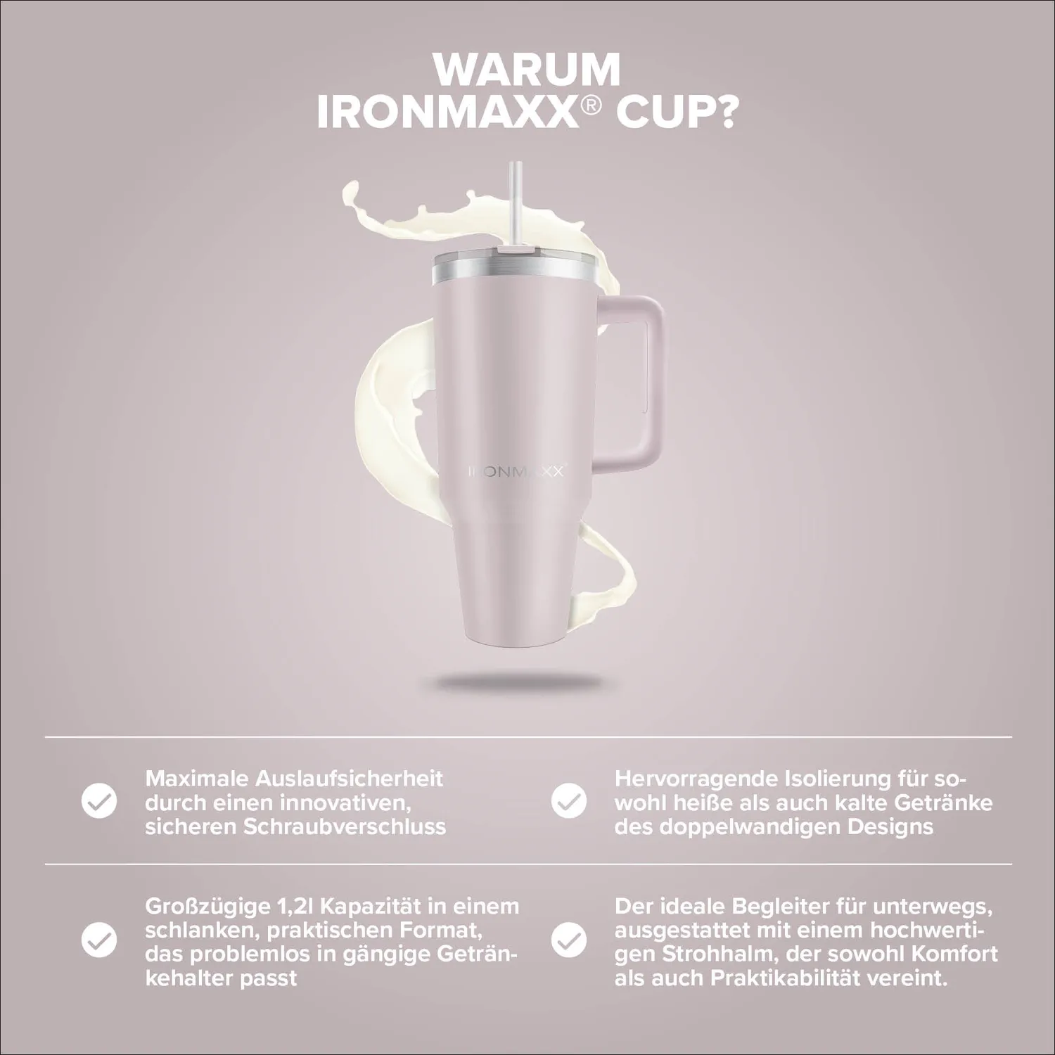 IronMaxx Cup V3.0 Trinkbecher 1200ml Rose mit Griff
