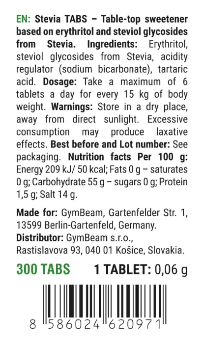 GymBeam Stevia Tabs Zuckerersatz 300 Tabletten kalorienfrei