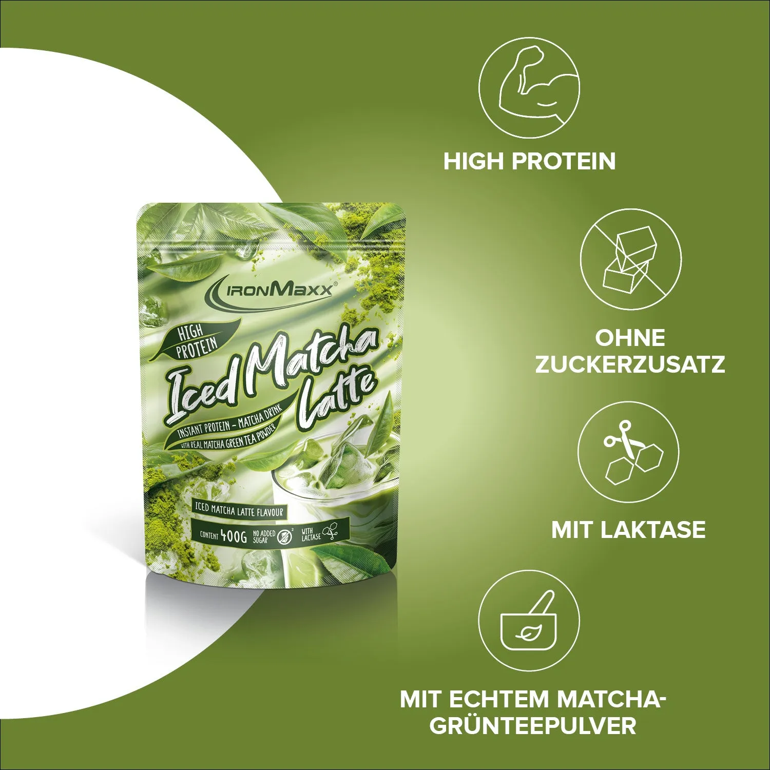 IronMaxx Proteccino Iced Matcha Latte Proteinpulver 400g