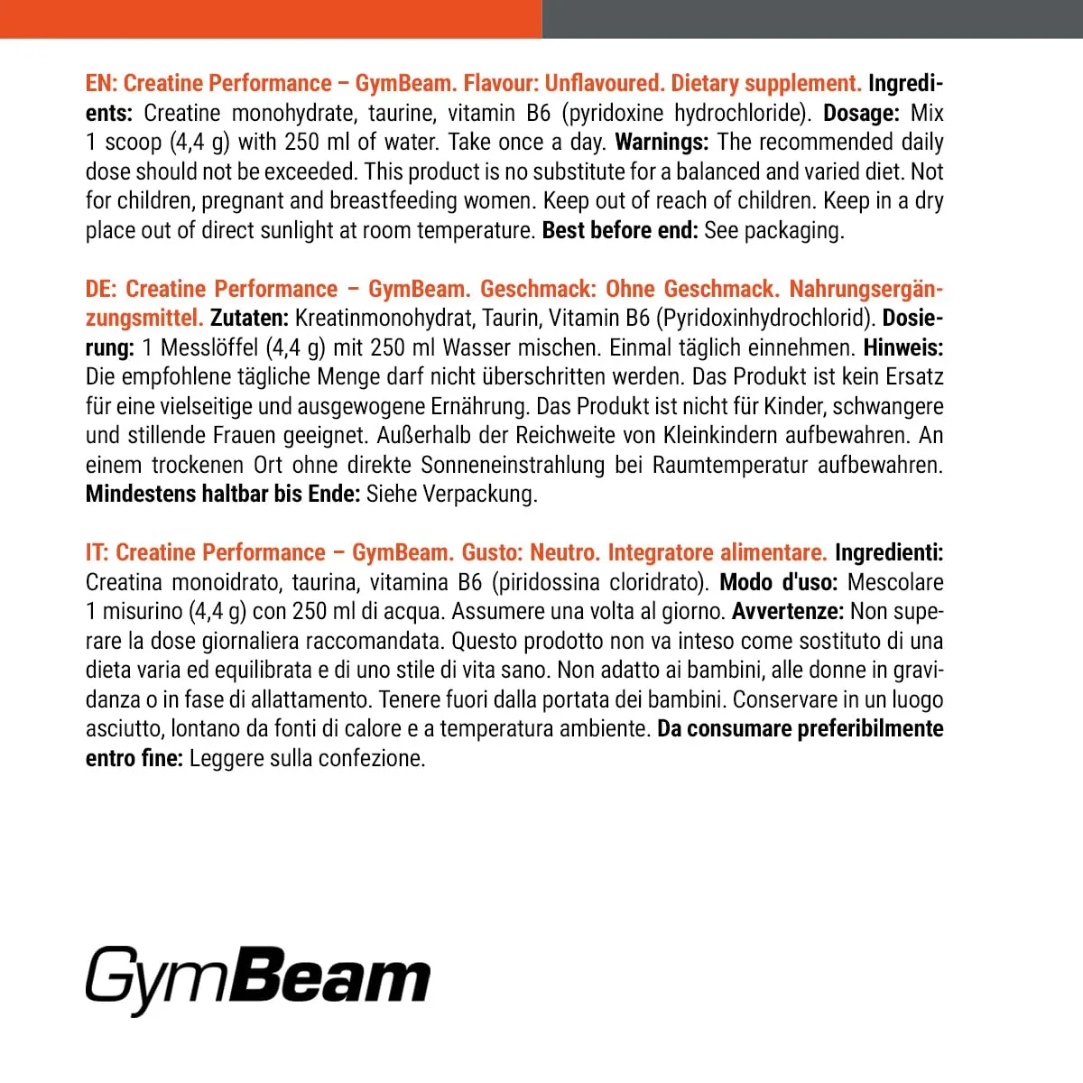 GymBeam Creatine Performance Kreatinpulver 400g neutral mit Taurin