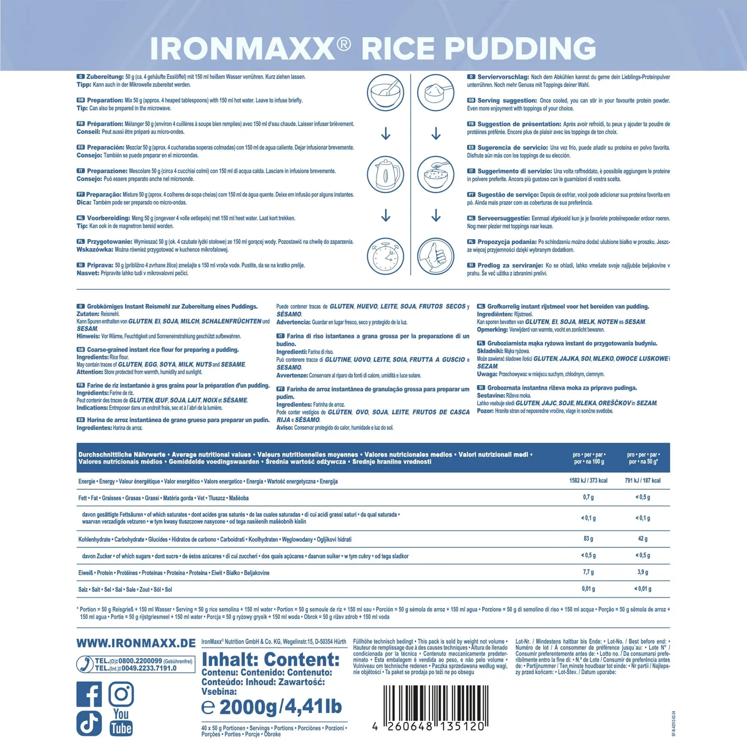 IronMaxx Rice Pudding Reispudding Neutral 2000g für Aufbau