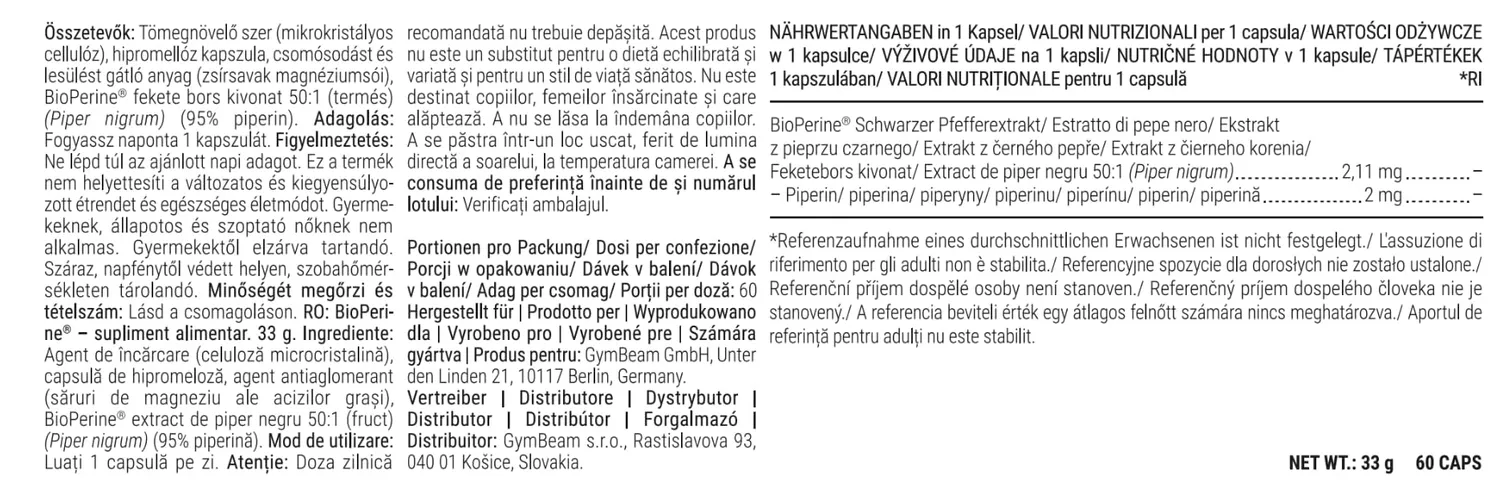 GymBeam Bioperine Piperin Kapseln 60 Stk 95% Extrakt