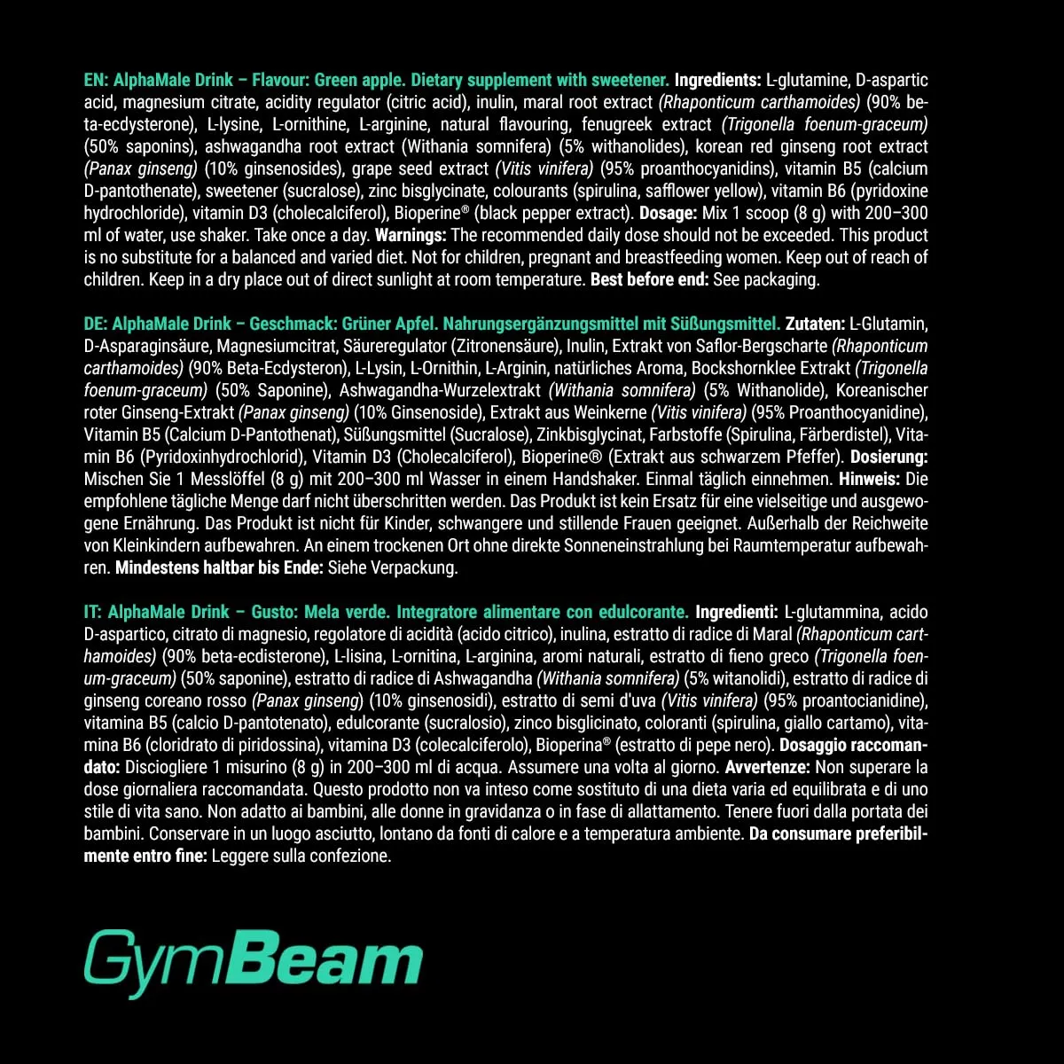 GymBeam AlphaMale Drink Pre Workout 400 g Grüner Apfel