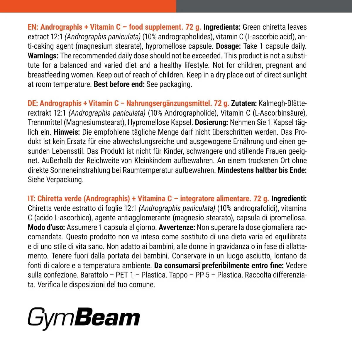 GymBeam Andrographis Kapseln 90 Stk mit Vitamin C vegan