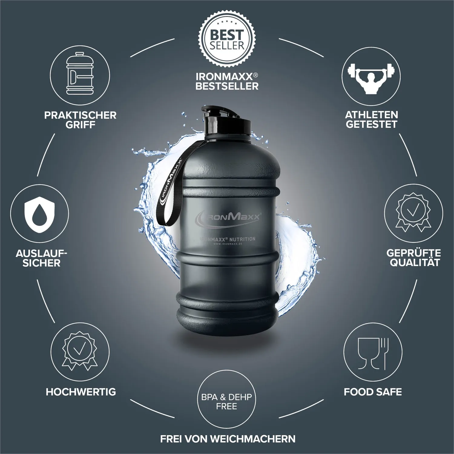 IronMaxx Water Gallon Trinkflasche 2200ml Frosted Black