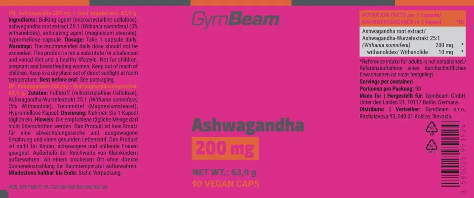 GymBeam Ashwagandha Kapseln Extrakt 90 Stk Schlaf
