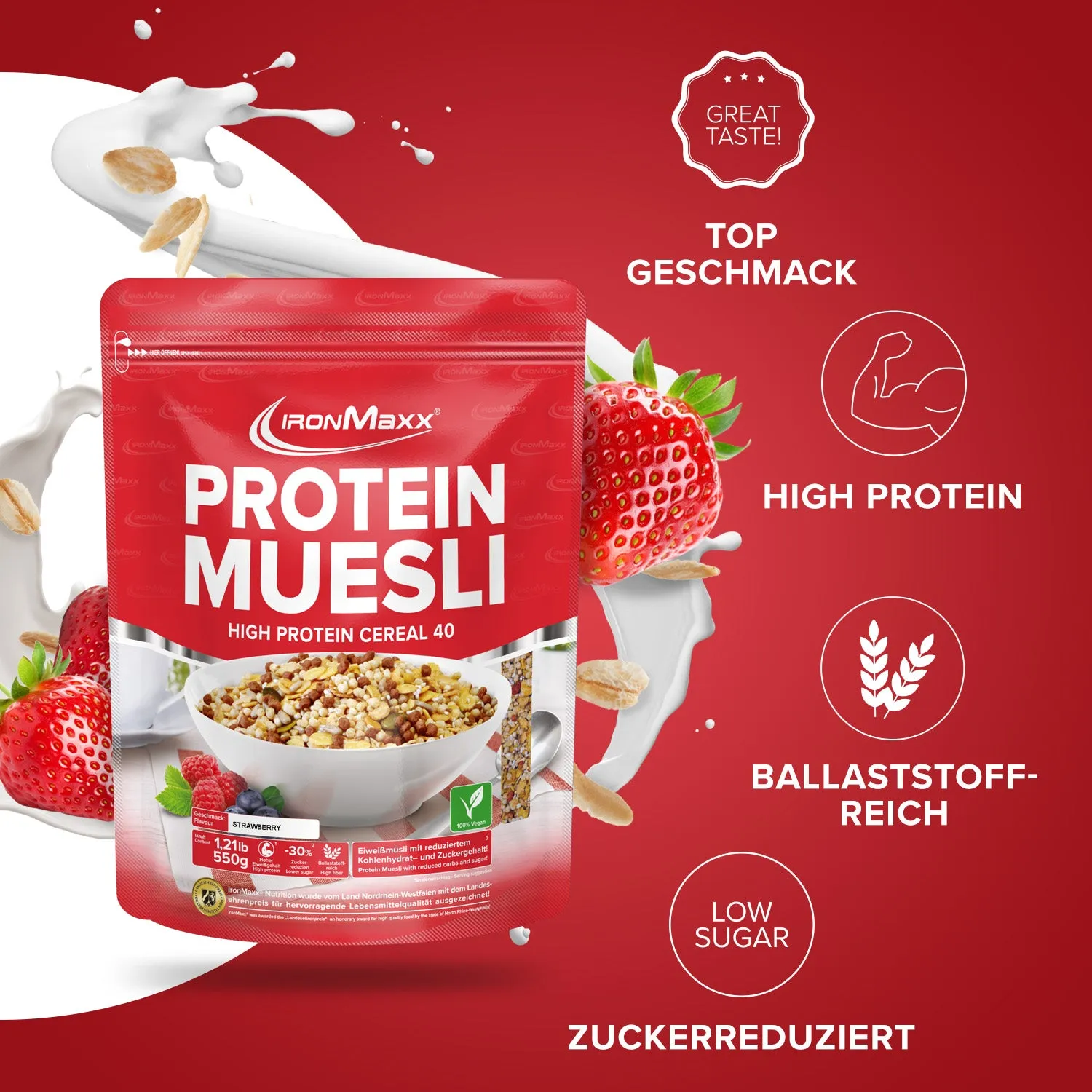 IronMaxx High Protein Müsli Erdbeere 550 g zuckerarm