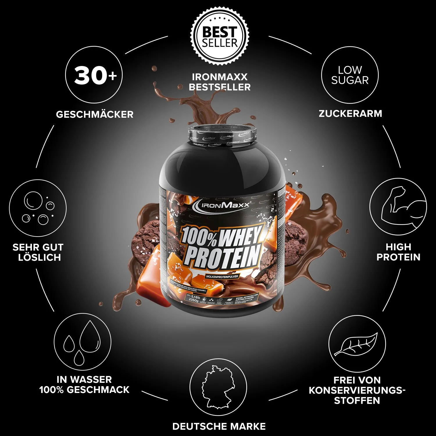 IronMaxx 100% Whey Protein 2350g Dark Cookies Salted Caramel zuckerfrei