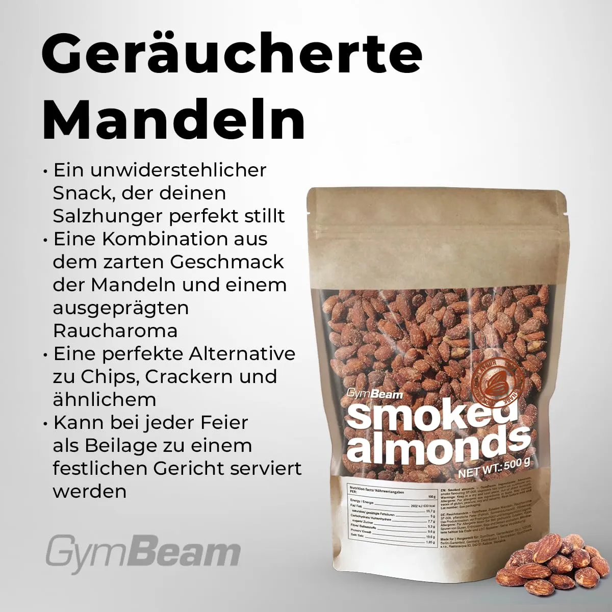 GymBeam Geröstete Mandeln Rauchmandeln 500g Snack