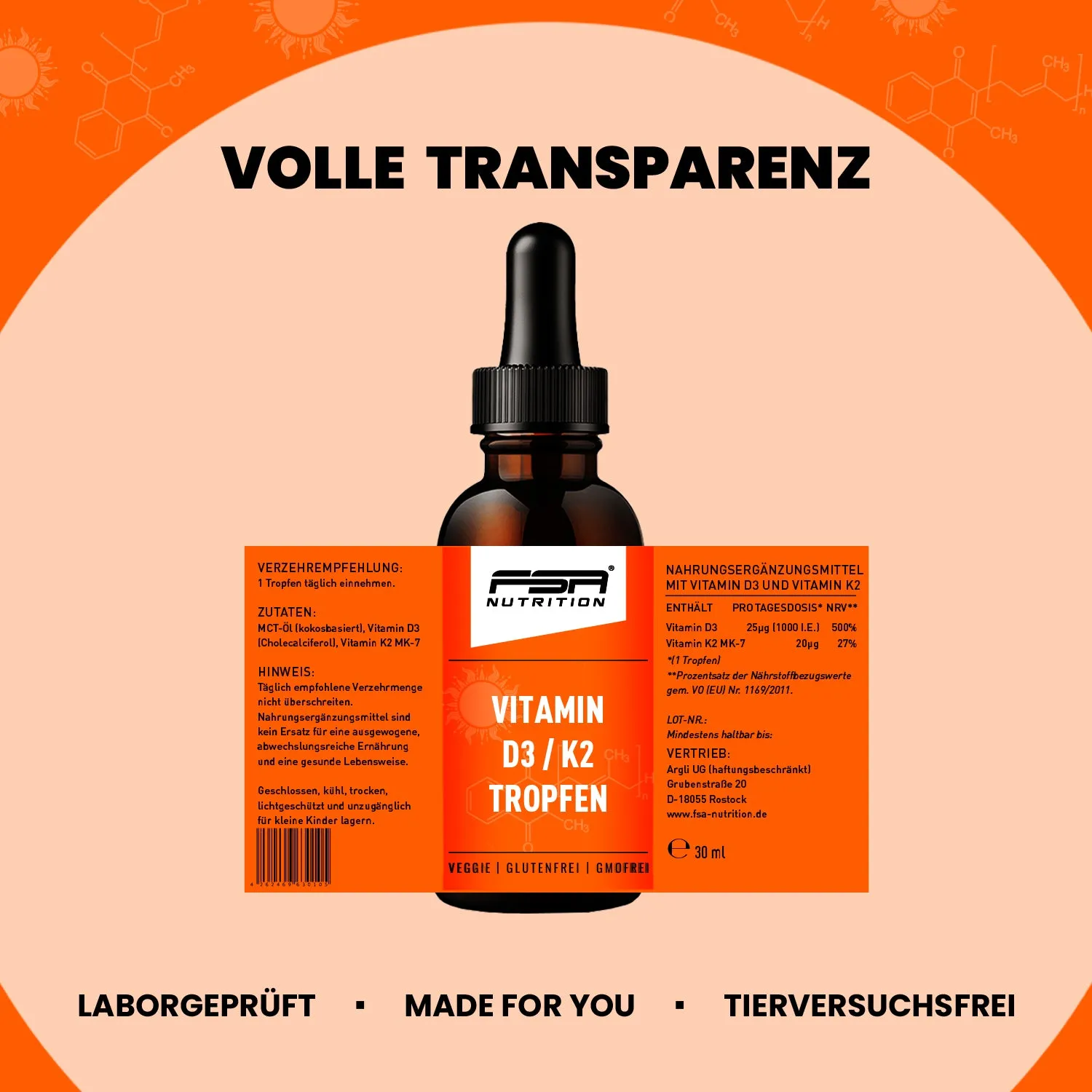 FSA Nutrition Vitamin D3 + K2 MK7 Tropfen 1000 I.E.