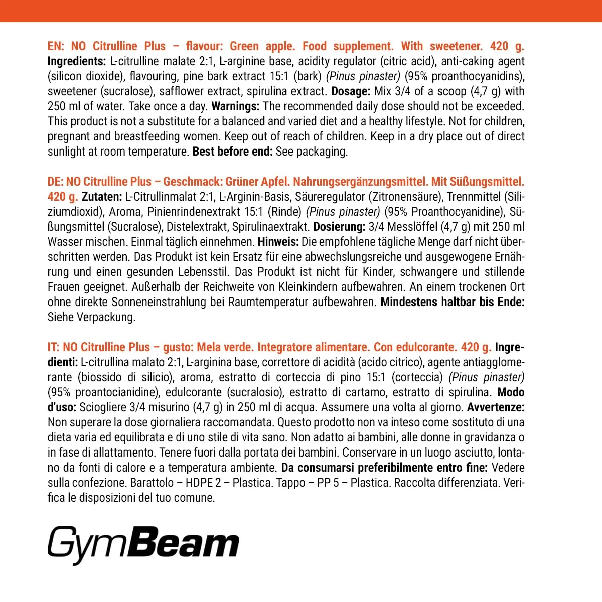 GymBeam NO Citrulline Plus Pre-Workout Pulver 420g Grüner Apfel koffeinfrei