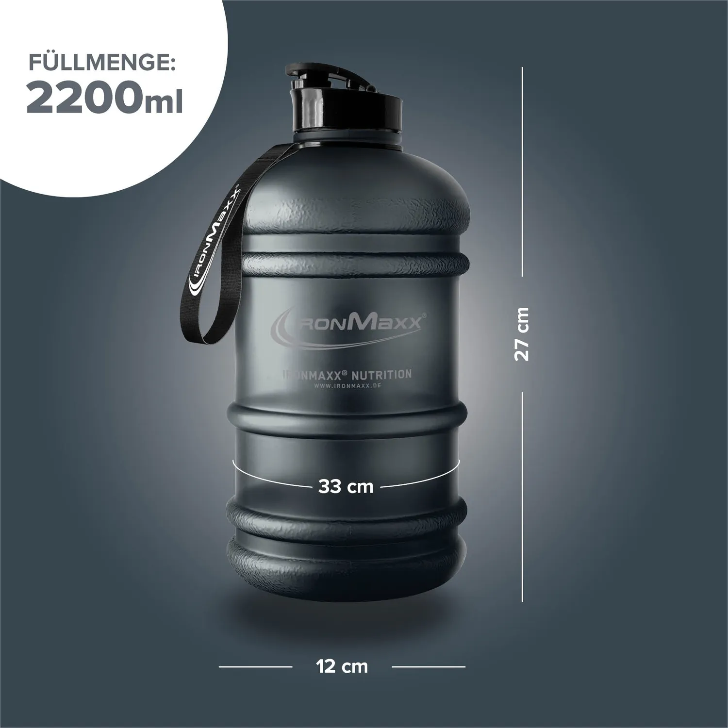 IronMaxx Water Gallon Trinkflasche 2200ml Frosted Black