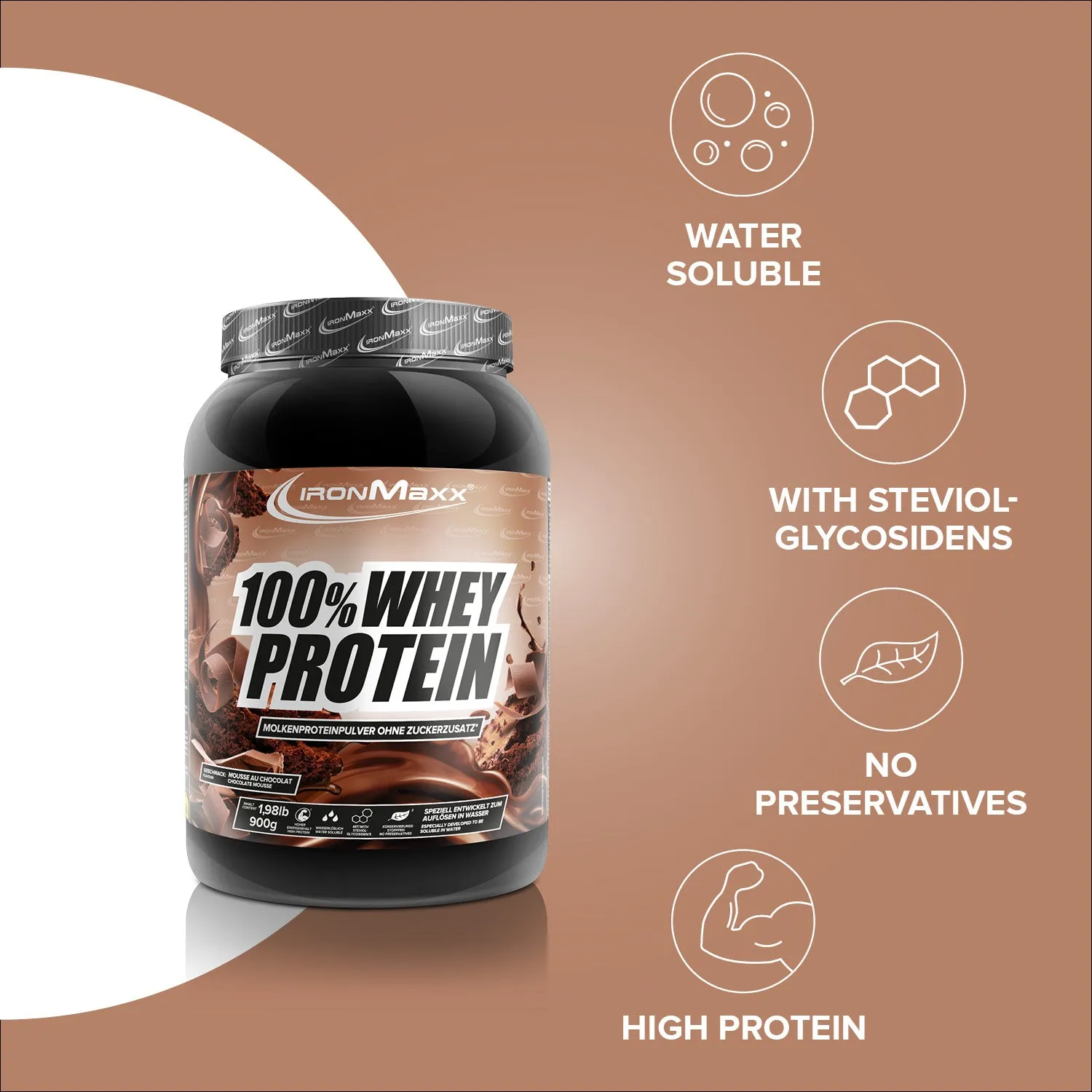 IronMaxx 100% Whey Proteinpulver 900g Mousse au Chocolate 80%
