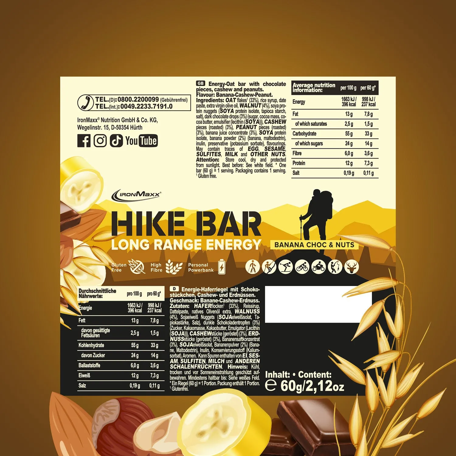 IronMaxx Hike Bar Proteinriegel 60g Banana Choc Nuts vegan