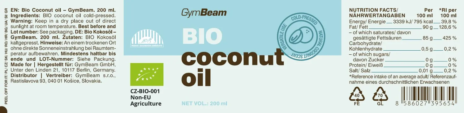 GymBeam Kokosnussöl bio 200 ml kaltgepresst