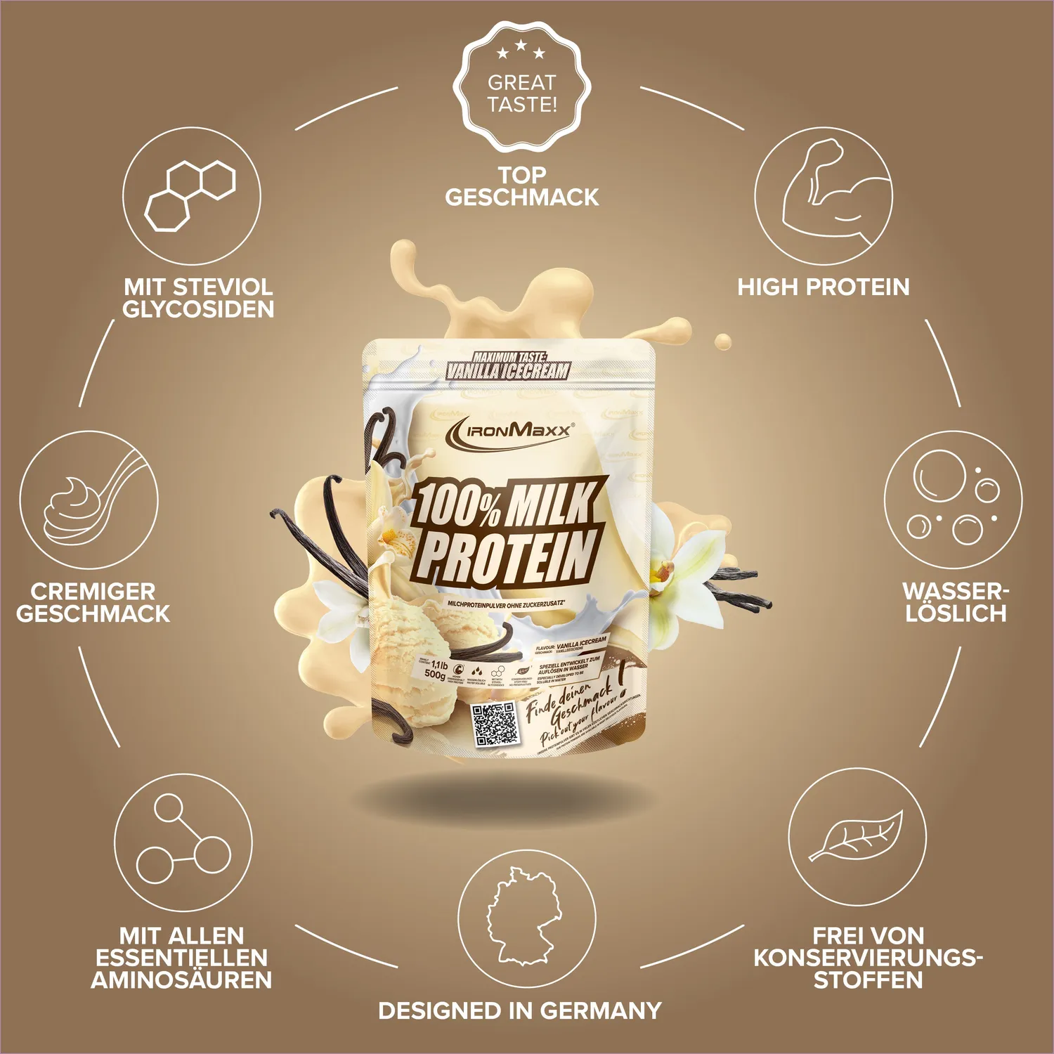 IronMaxx 100% Milk-Protein Pulver 500g Vanilla Ice Cream