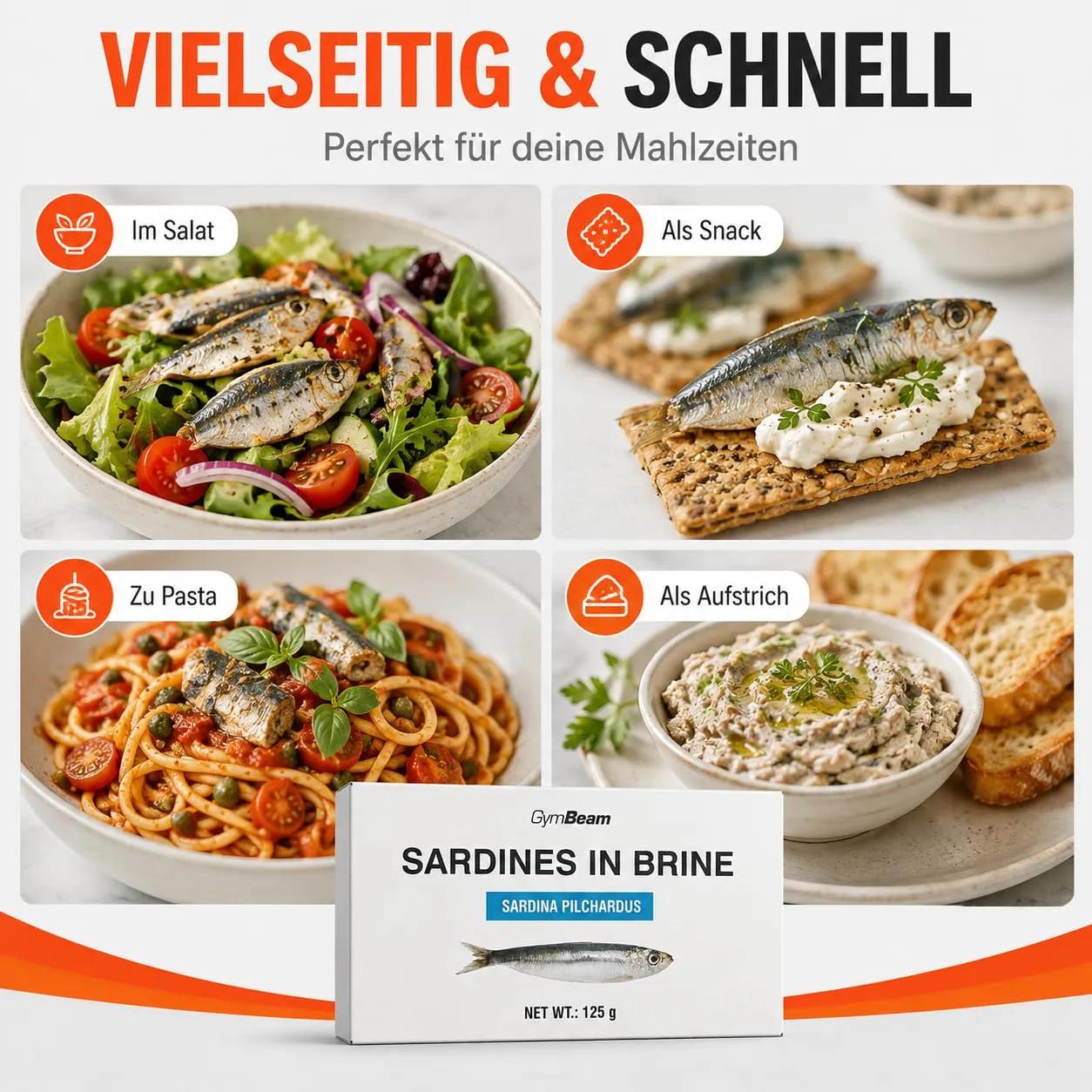 GymBeam Sardinen in Salzlake 125 g 10er Pack proteinreich