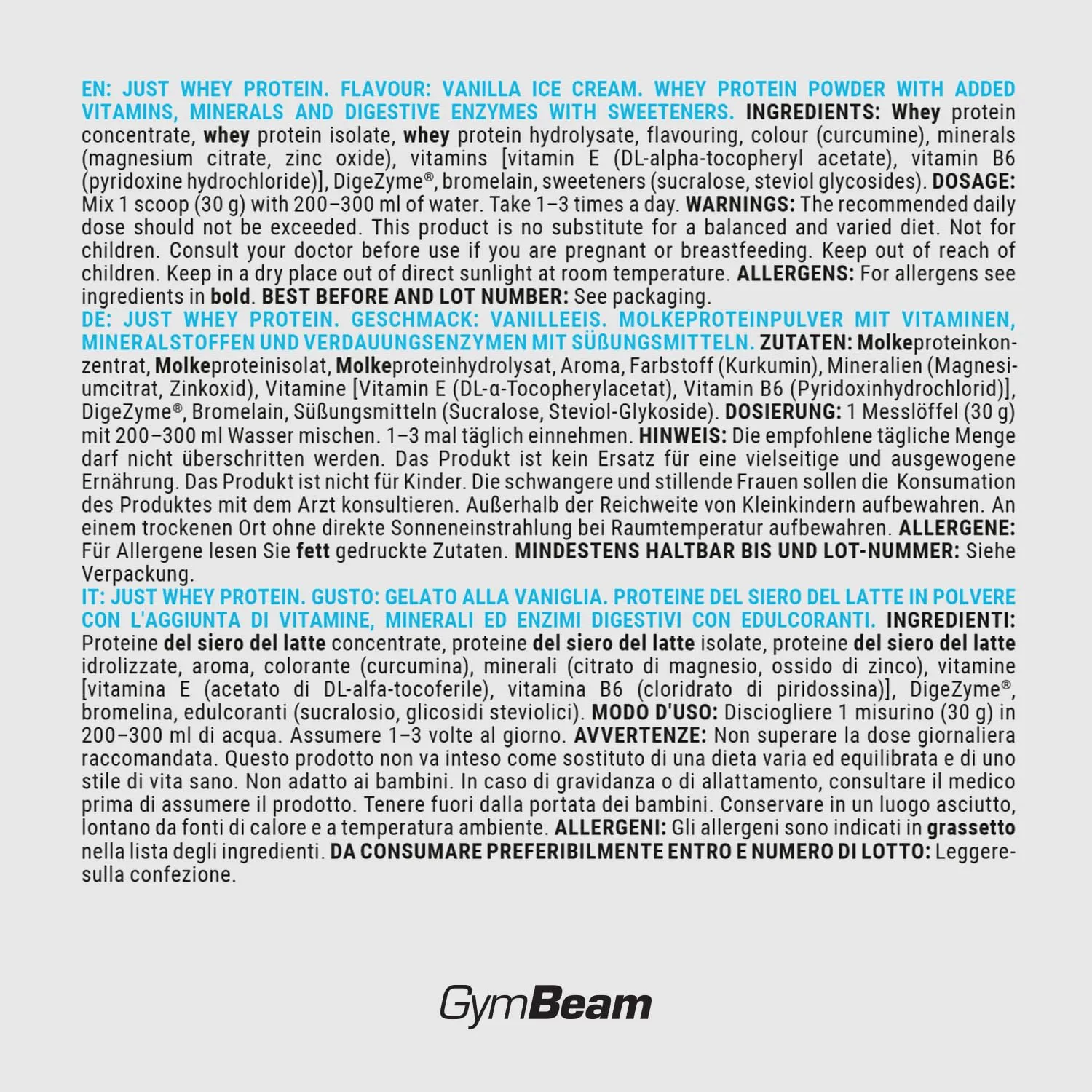 GymBeam Just Whey Proteinpulver Vanille 1000 g mit DigeZyme