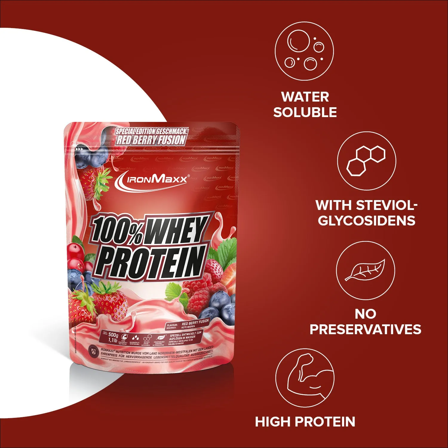IronMaxx 100% Whey Protein 500g Red Berry Fusion zuckerfrei