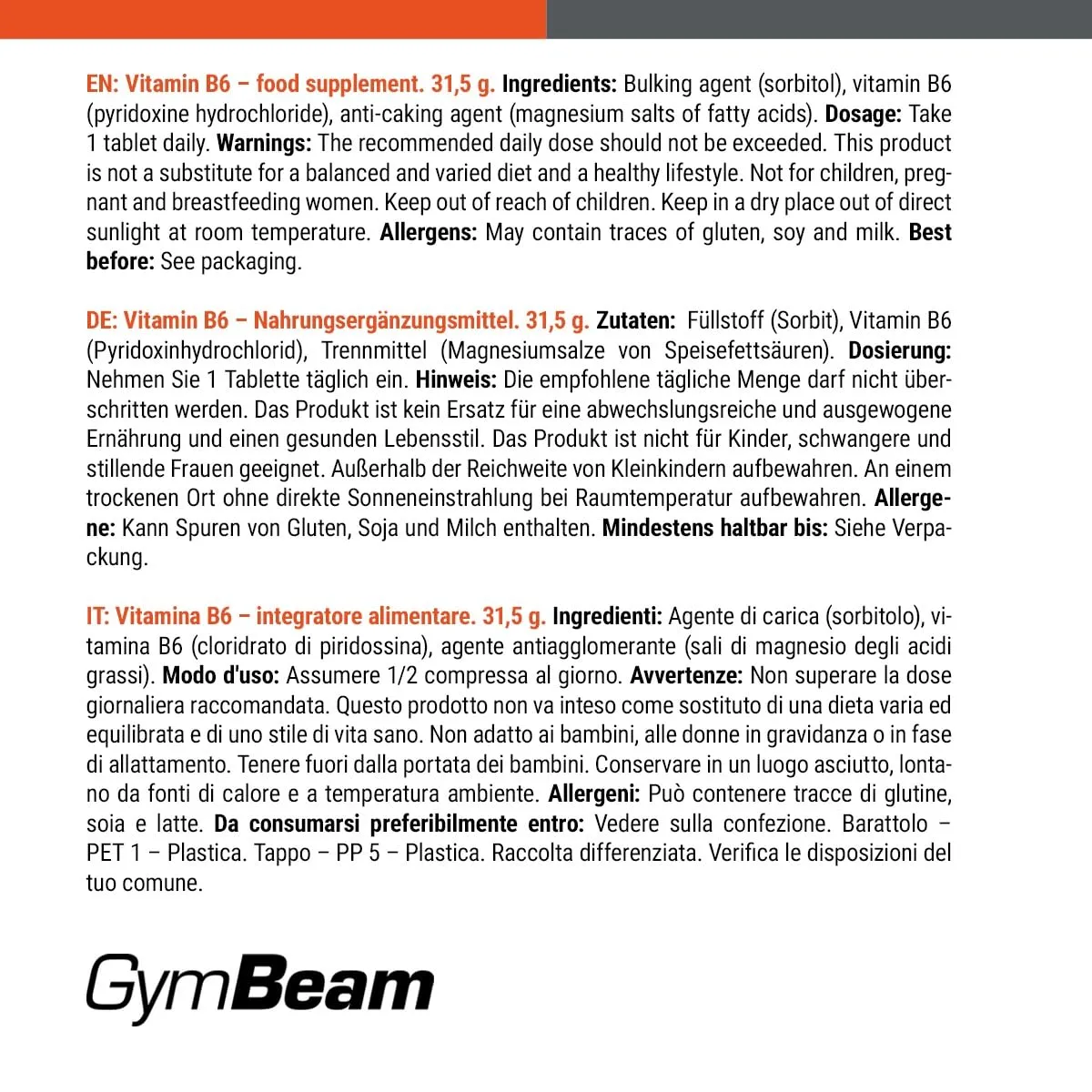 GymBeam Vitamin B6 Kapseln 90 Stück für Nerven