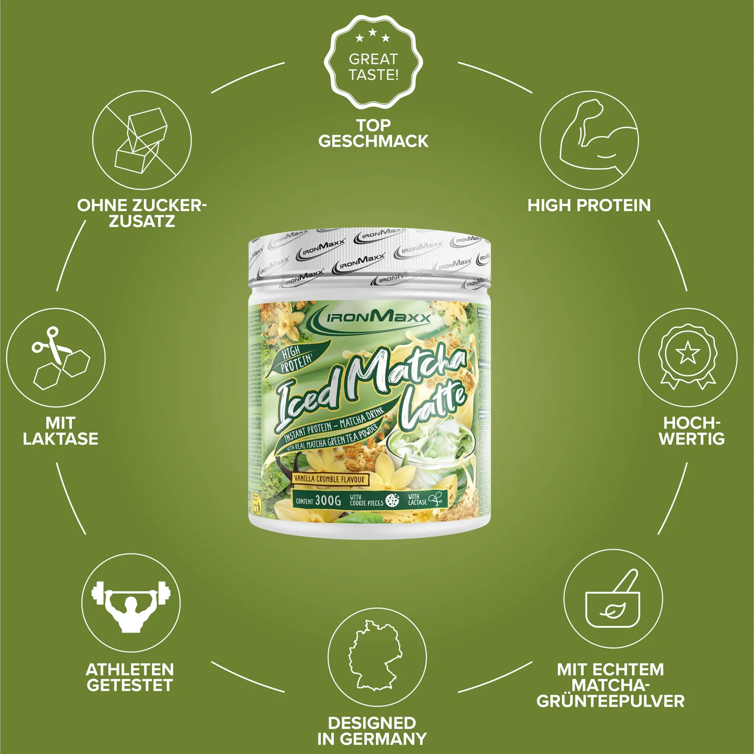 IronMaxx Iced Matcha Latte Proteinpulver Vanille 300g zuckerarm