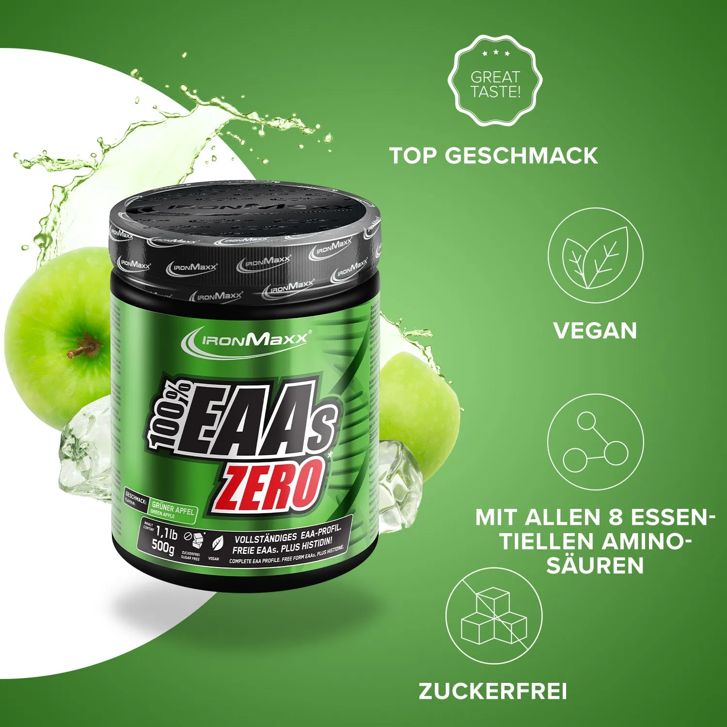 IronMaxx 100% EAAs Zero EAA Pulver 500g Apfel