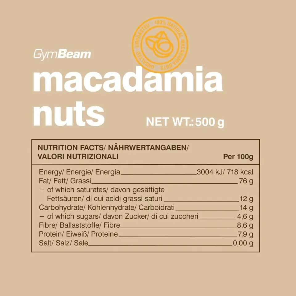 GymBeam Macadamianüsse ungesalzen 500 g veganer Snack