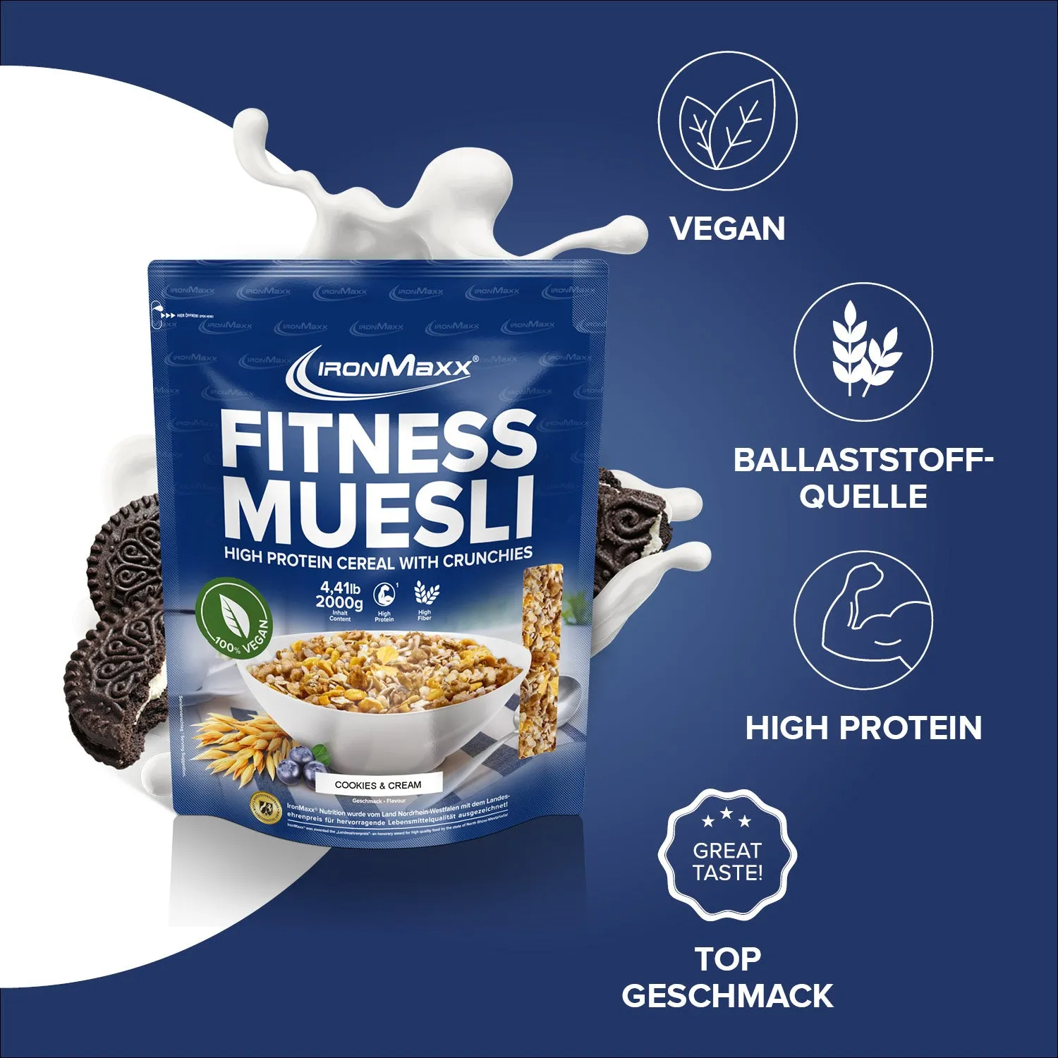 IronMaxx Fitness Müsli High Protein Bowl 2000g Cookies & Cream vegan