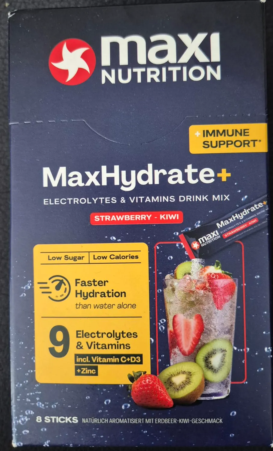 MaxiNutrition MaxHydrate+ Immun Elektrolytpulver Strawberry Kiwi 8 Sticks
