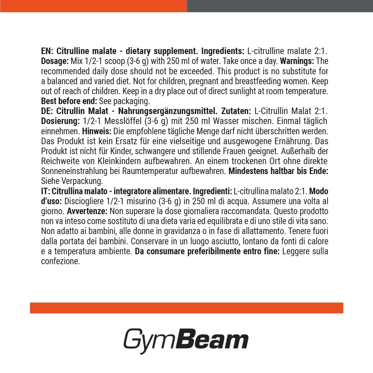 GymBeam L-Citrullin Malat 2:1 Pulver neutral 250g vegan